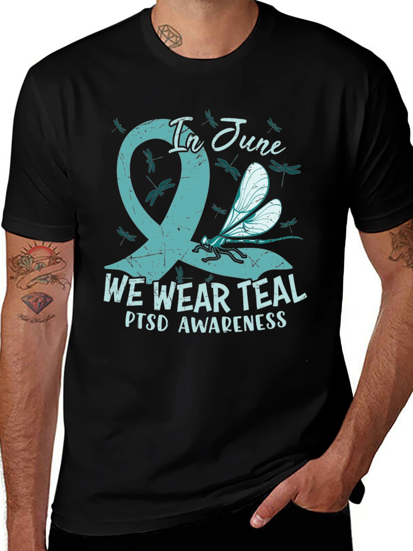 PTSD Awareness T-Shirt - In June We Wear Teal Ribbon Dragonfly Tee