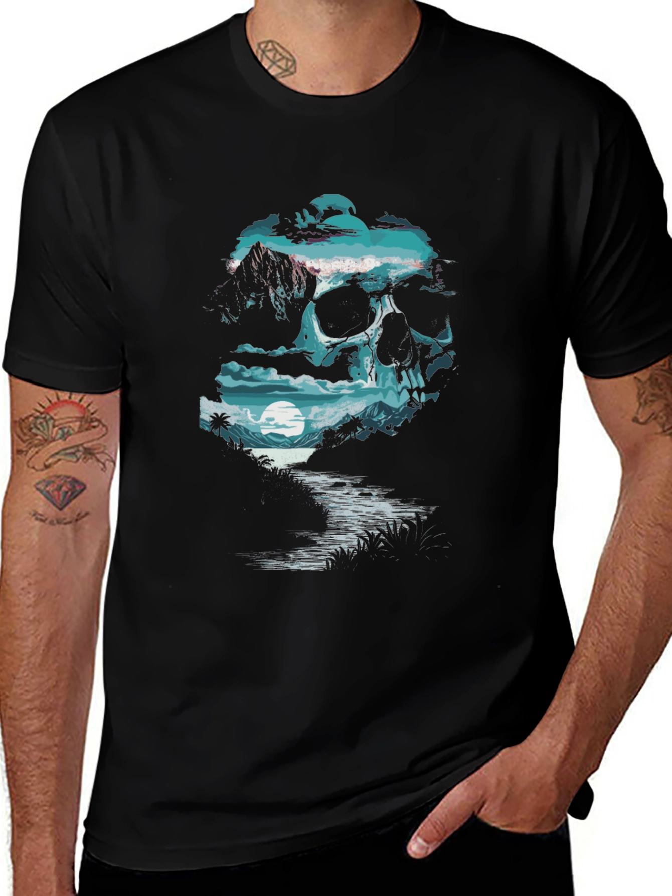Variant 22 of Skull Landscape Graphic T-Shirt - Trendy Crew Neck Tee