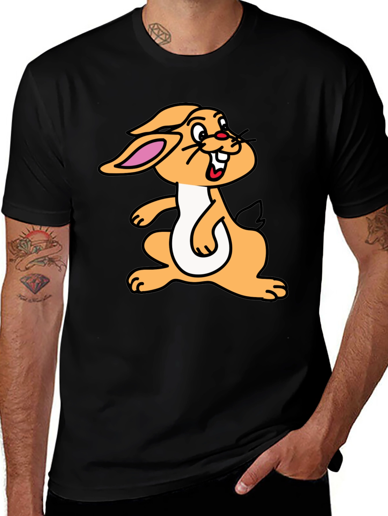 Variant 21 of Cartoon Rabbit Graphic Tee - Black Cotton T-Shirt