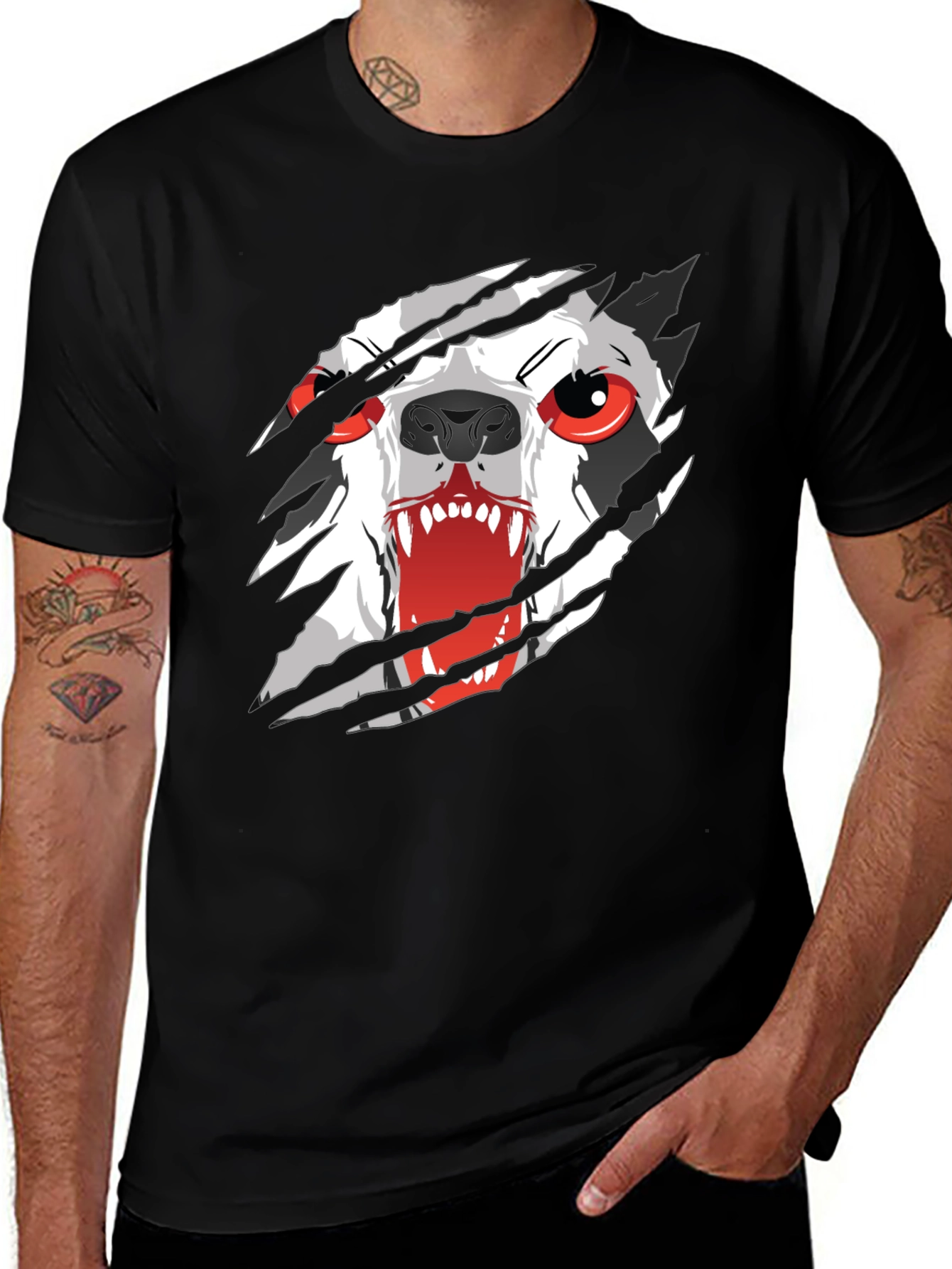 Variant 20 of Men's Black T-Shirt with Ripping Wolf Graphic
