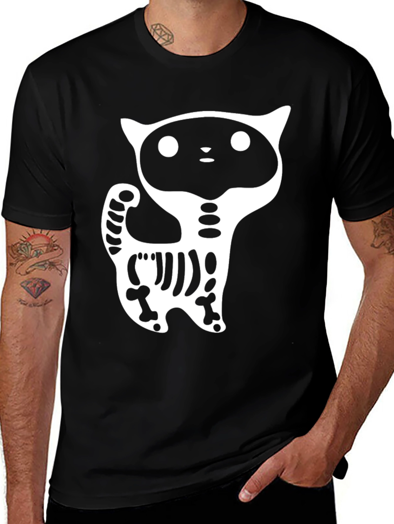 Black Skeleton Cat Graphic T-Shirt - Halloween Ready main image