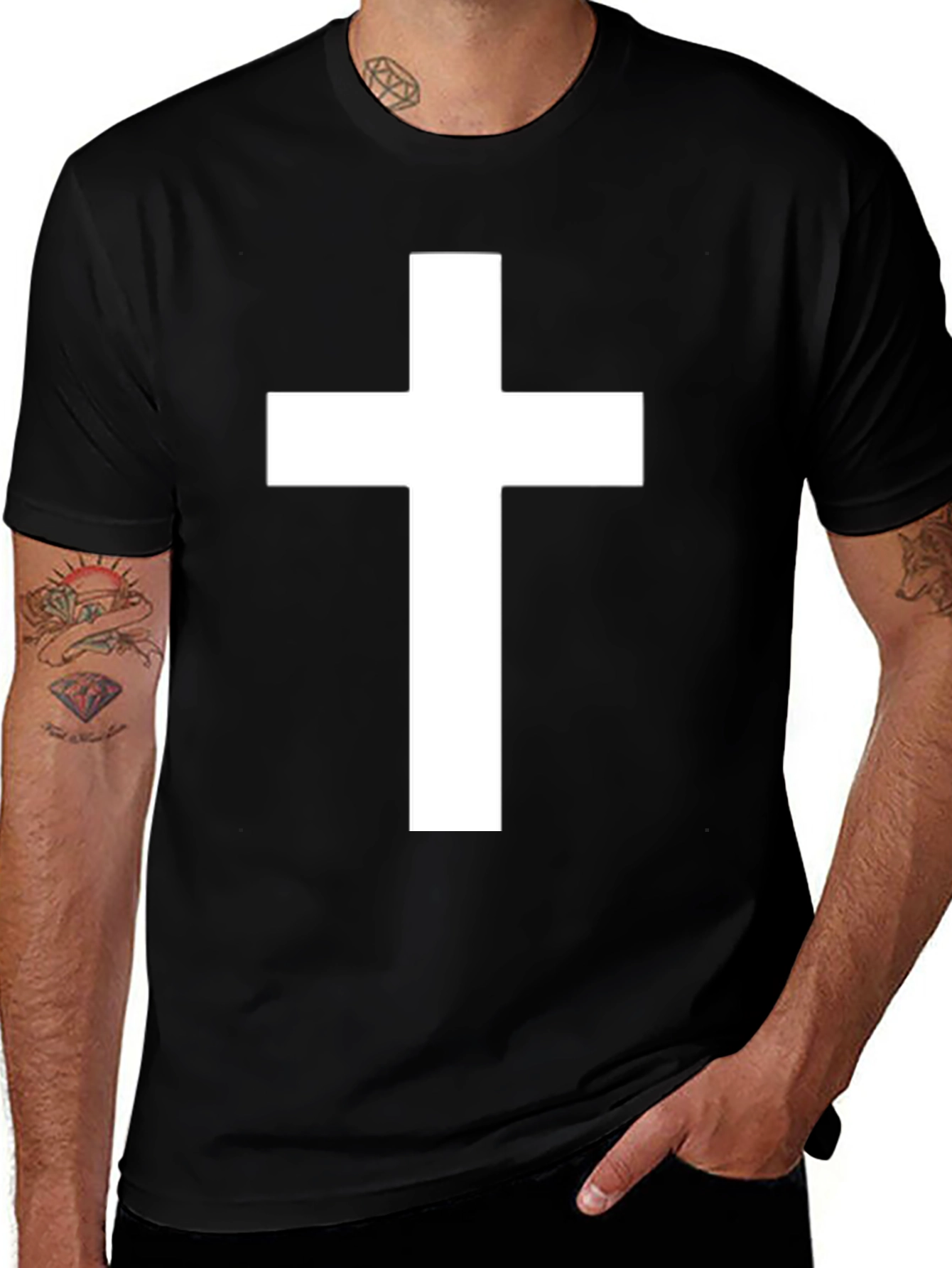 Variant 12 of Bold Black Tee with Prominent White Cross Design