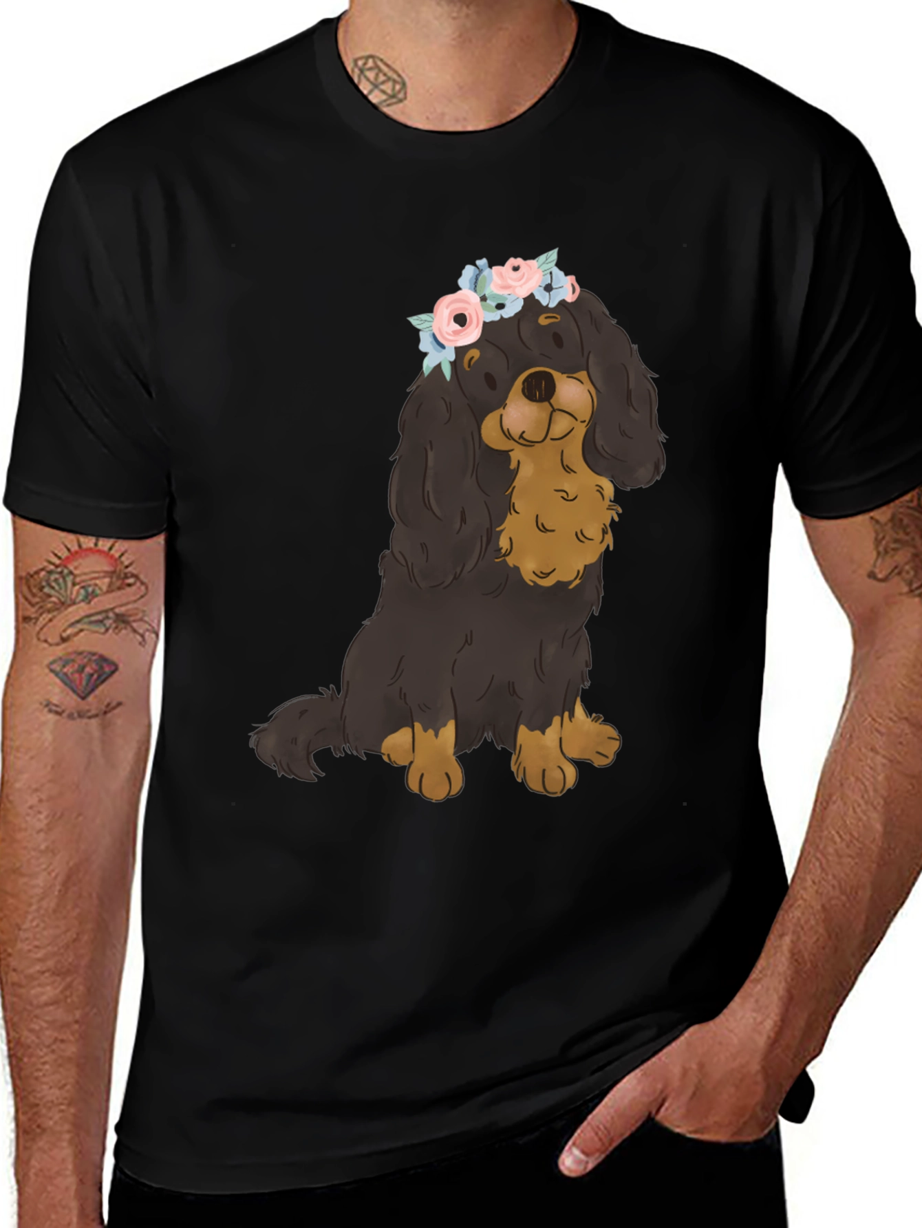 Variant 21 of Dog with Flower Crown T-Shirt - Black