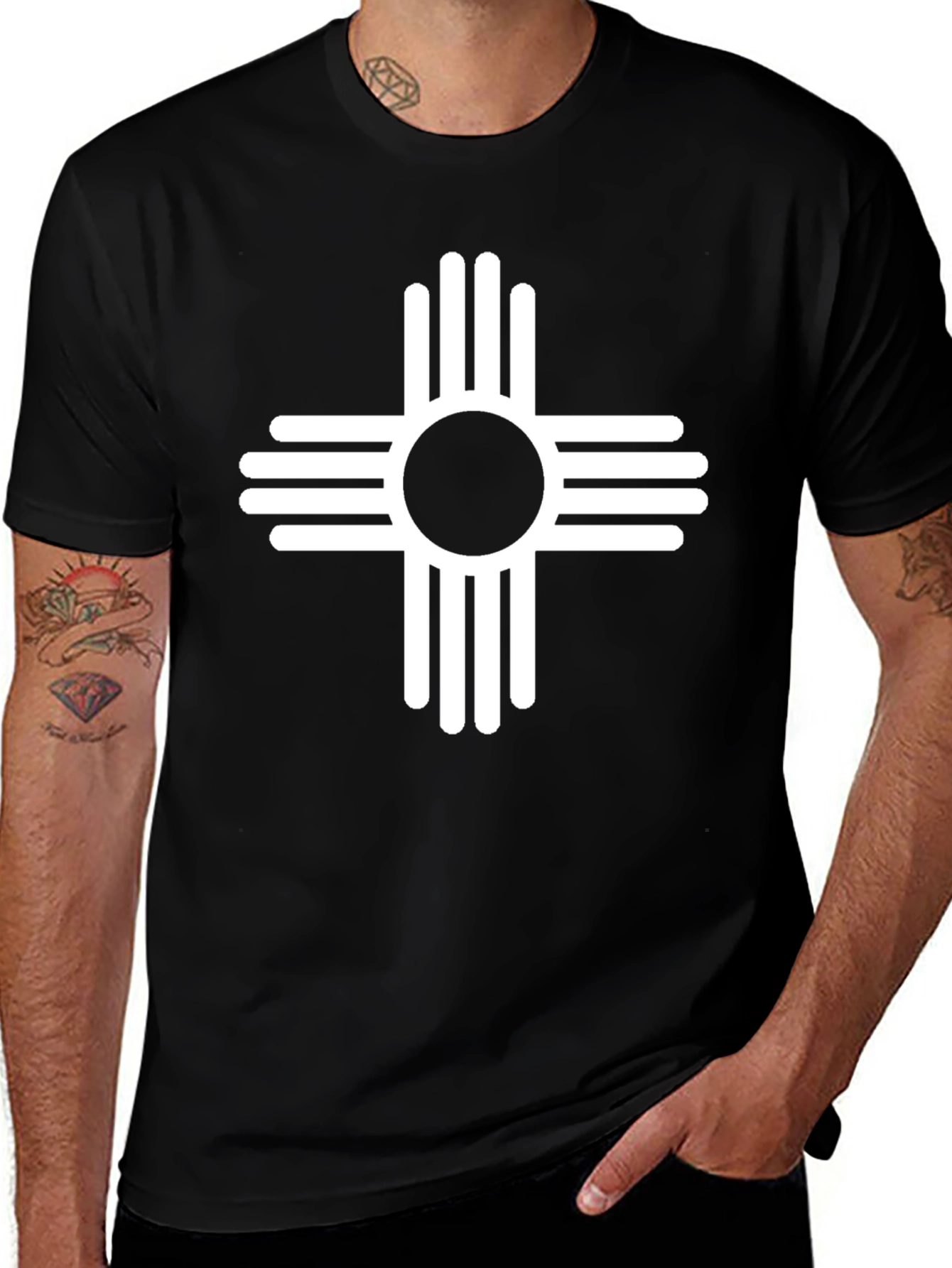 Variant 21 of Black T-Shirt with White Zia Sun Symbol