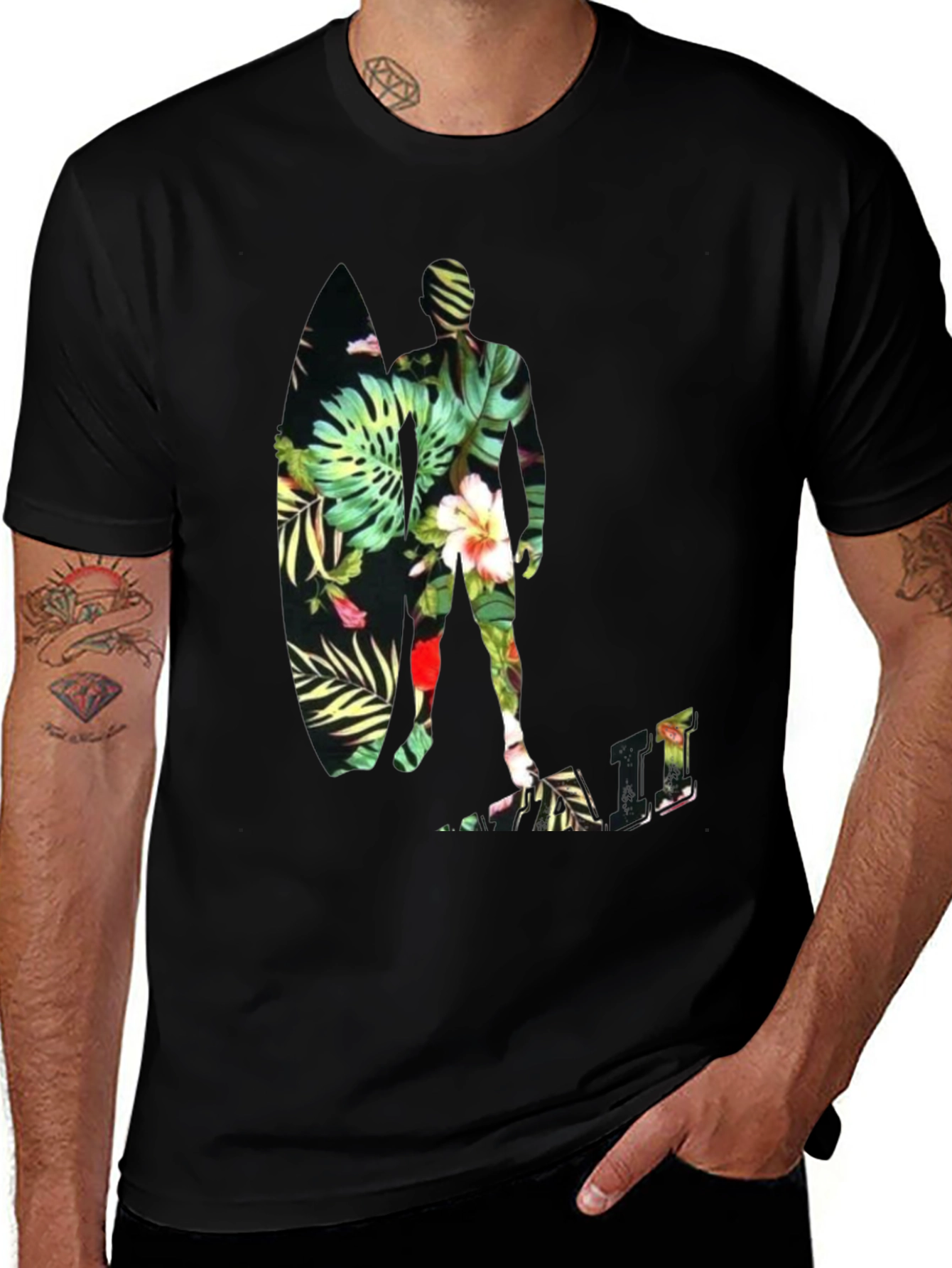 Variant 11 of Tropical Surfer Graphic Tee - Black Cotton T-Shirt