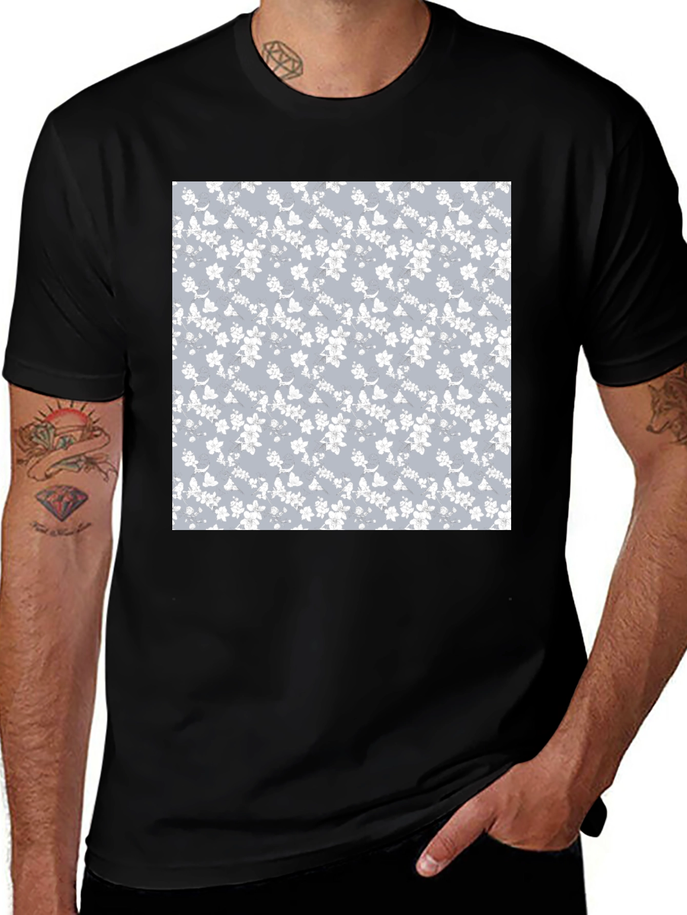 Variant 22 of Floral Pattern T-Shirt - Black Cotton Blend