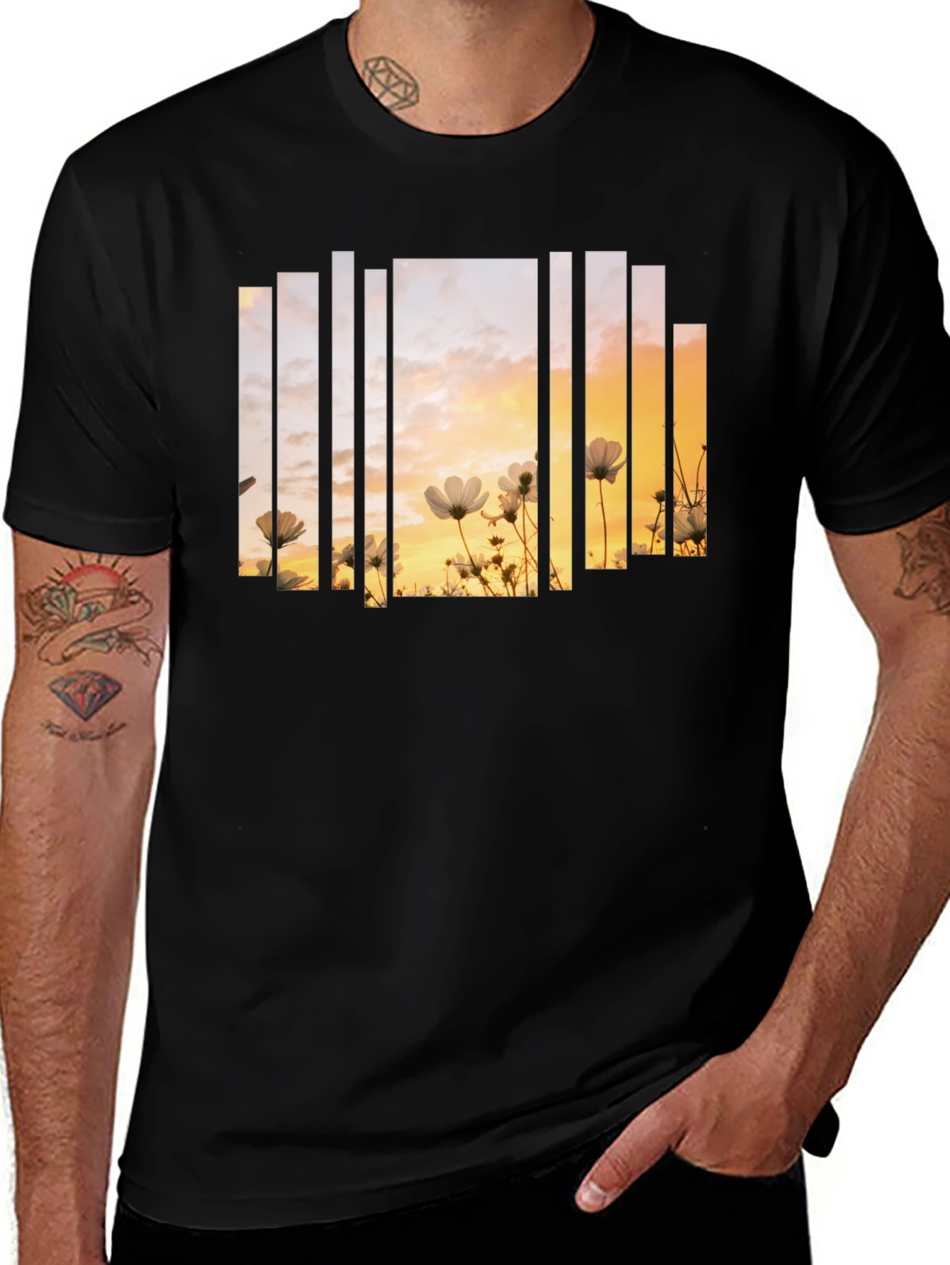 Variant 4 of Sunset Flowers Graphic Tee - Stylish Black T-Shirt
