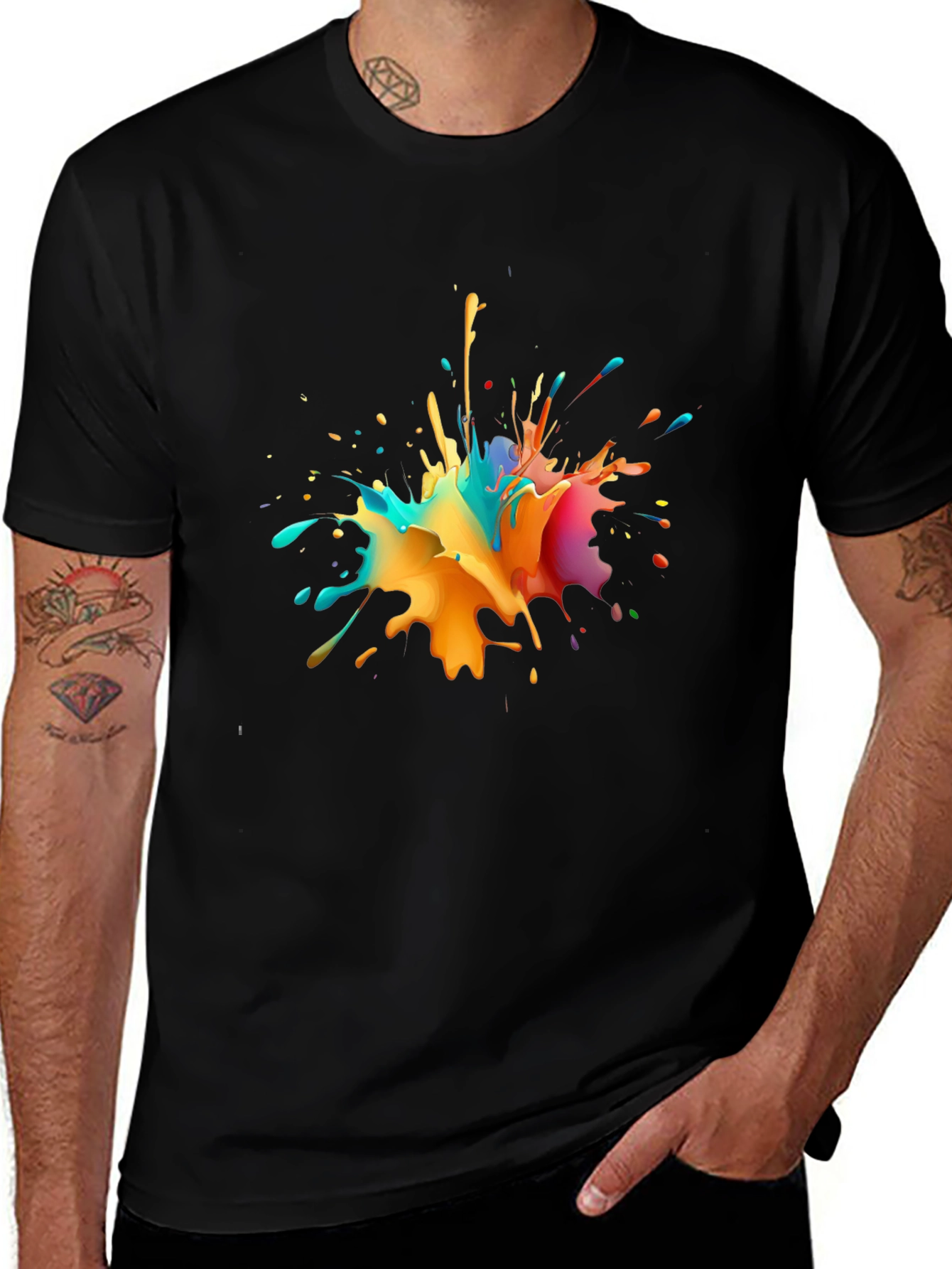 Colorful Paint Splatter Graphic Black T-Shirt