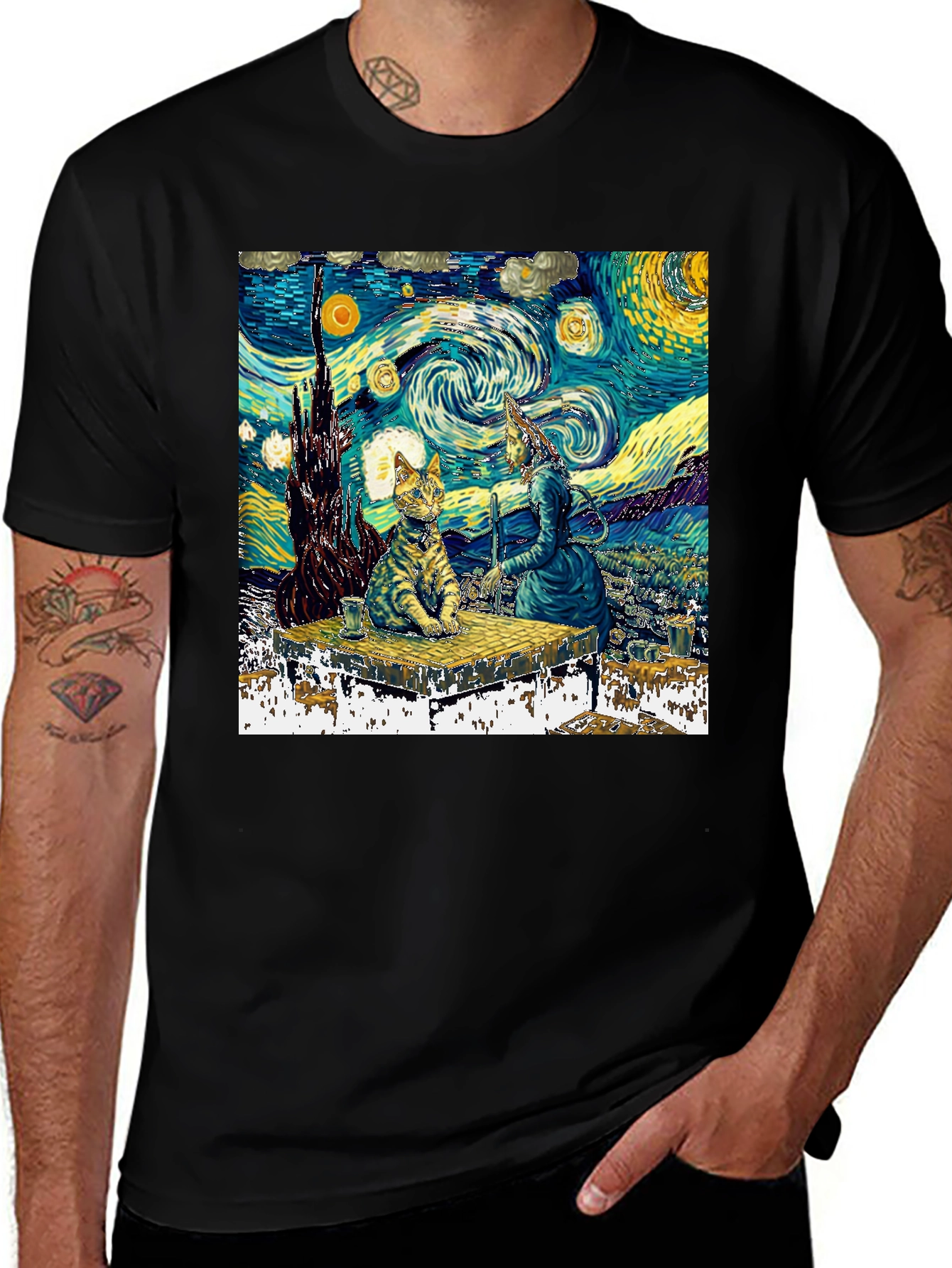 Variant 6 of Starry Night Cat T-Shirt - Artistic, Unique Design
