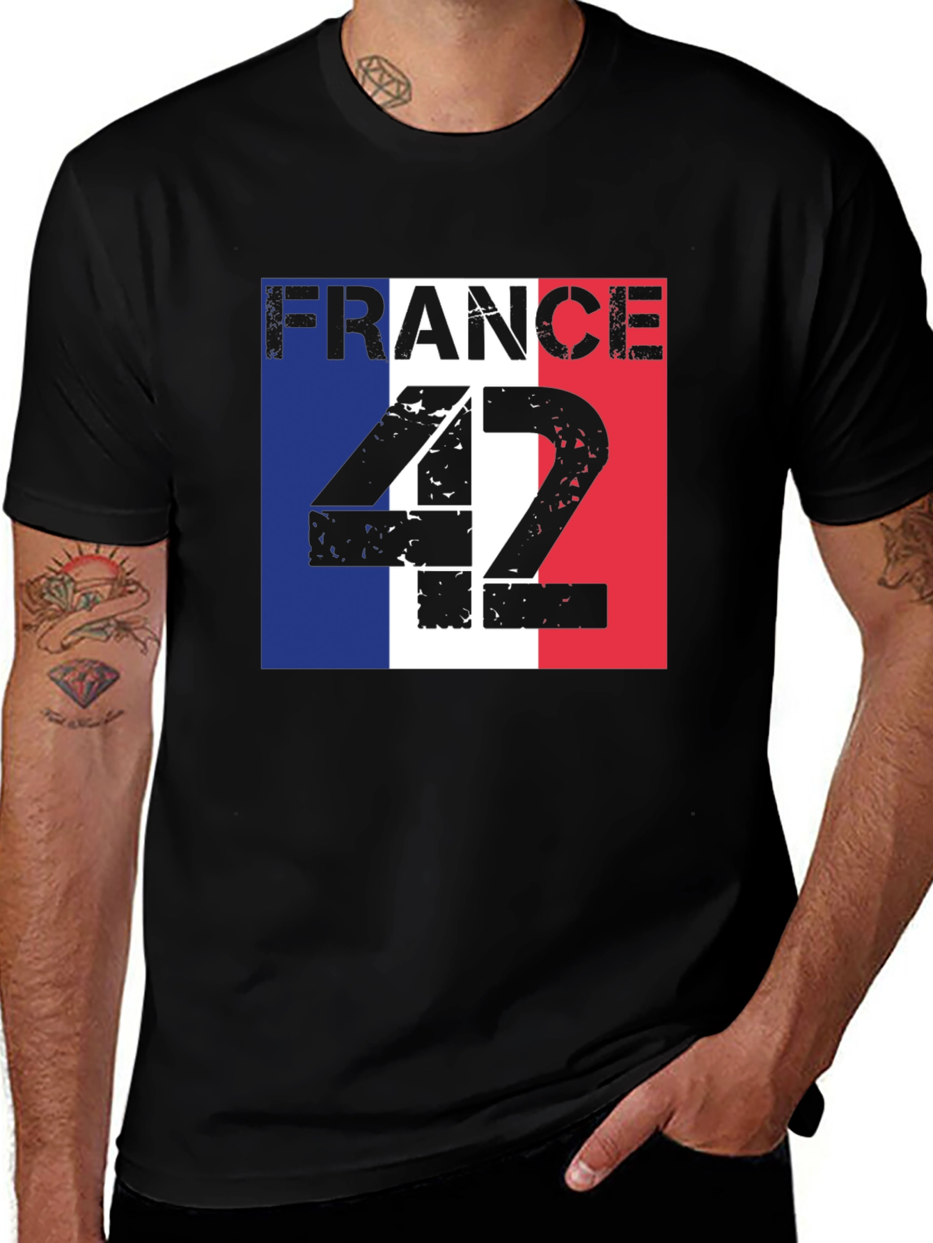 France Flag T-Shirt - Distressed Number 42 Design
