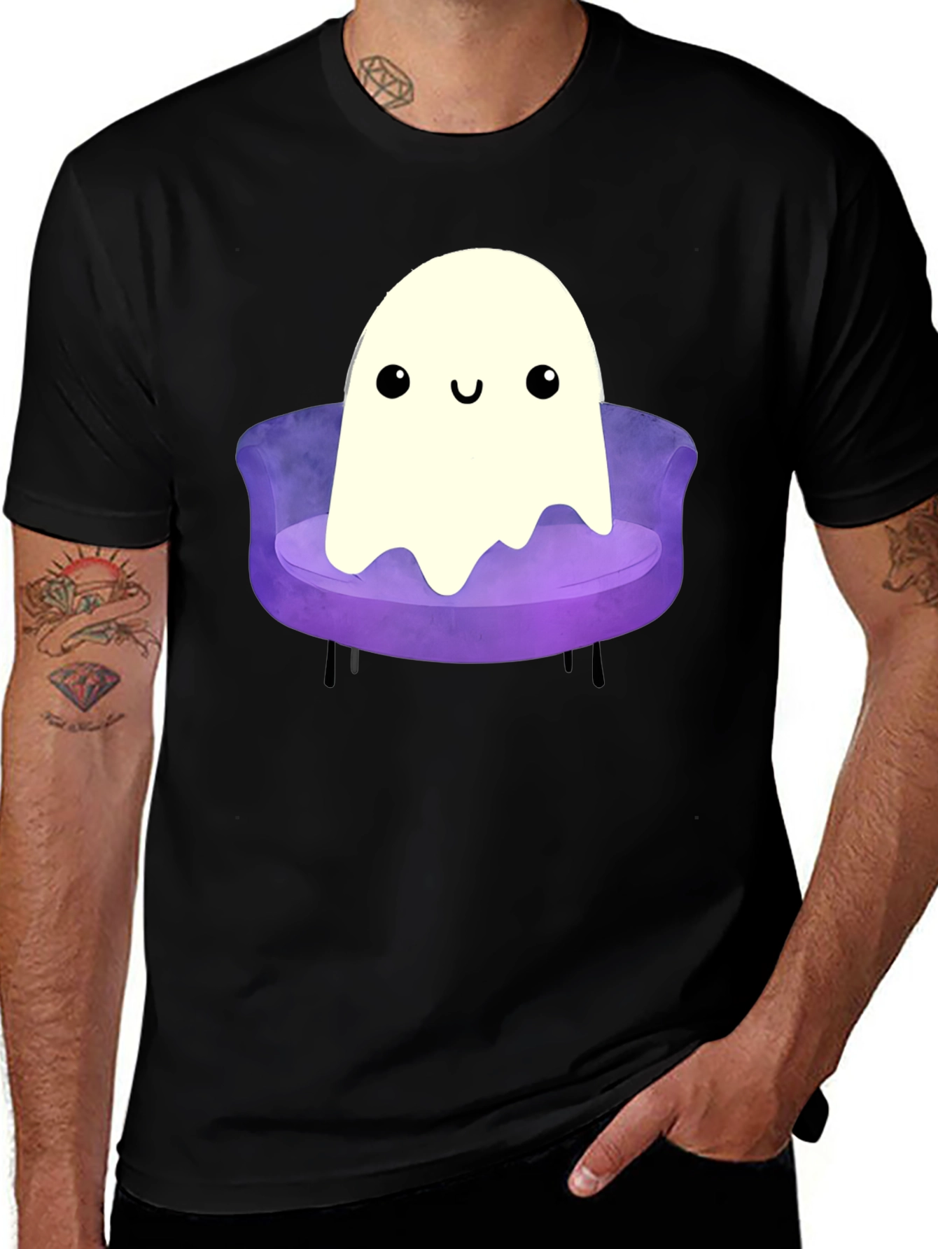 Variant 9 of Cute Ghost on Couch Graphic Tee - Black Cotton Comfort