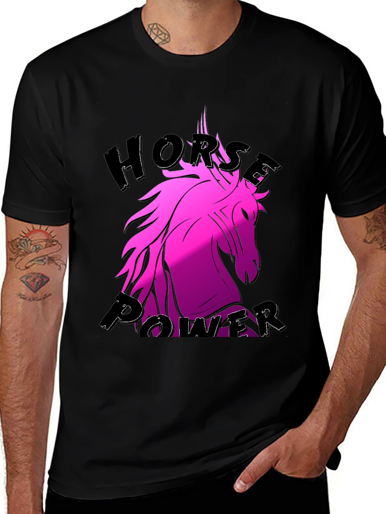Black Horse Power Pink Unicorn Black T-Shirt main image