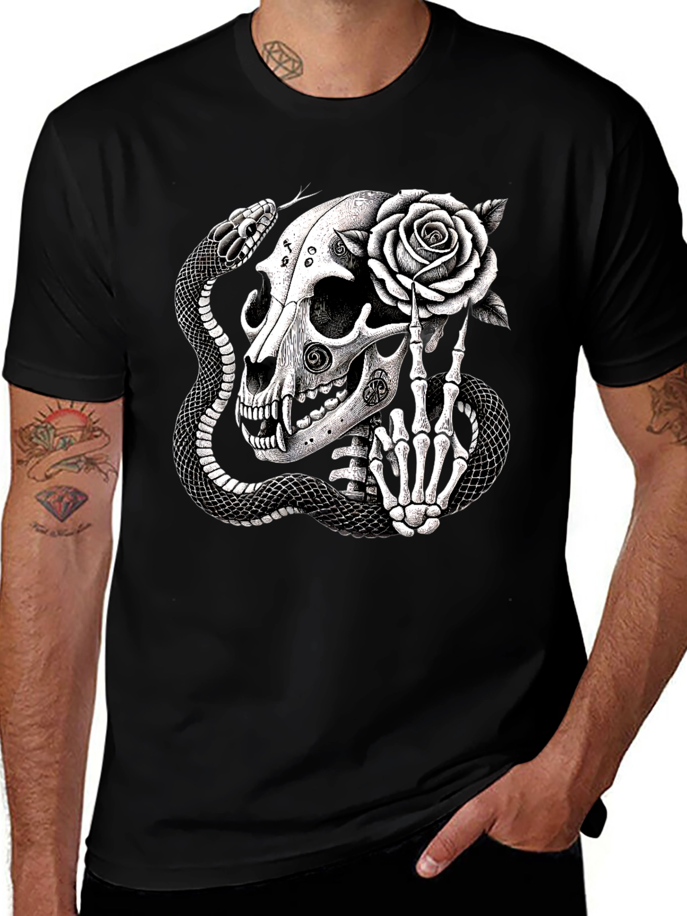 Skull, Rose, and Snake Graphic Tee - Men's Black T-Shirt