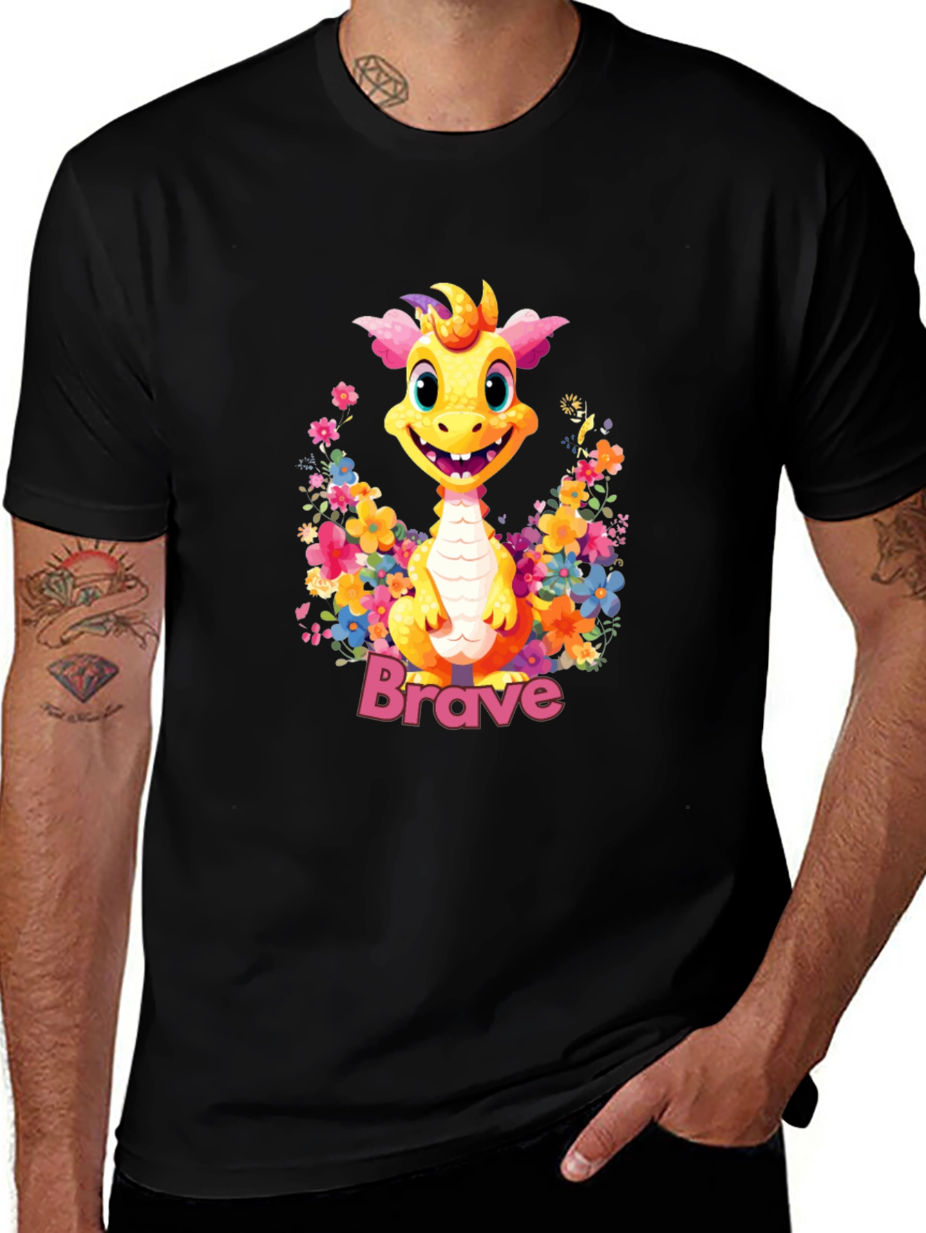 Variant 13 of Brave Dragon Graphic Tee - Cute Floral Design