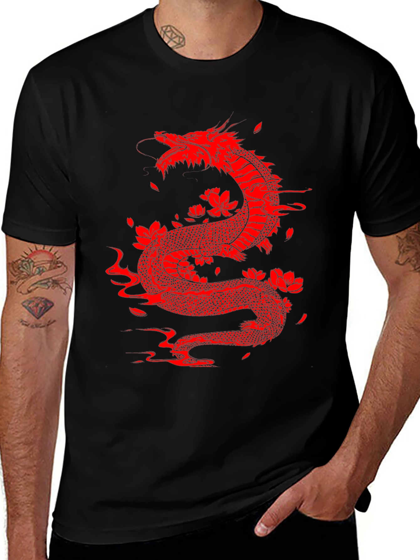 Variant 19 of Red Dragon Graphic Tee - Black Cotton Blend Shirt