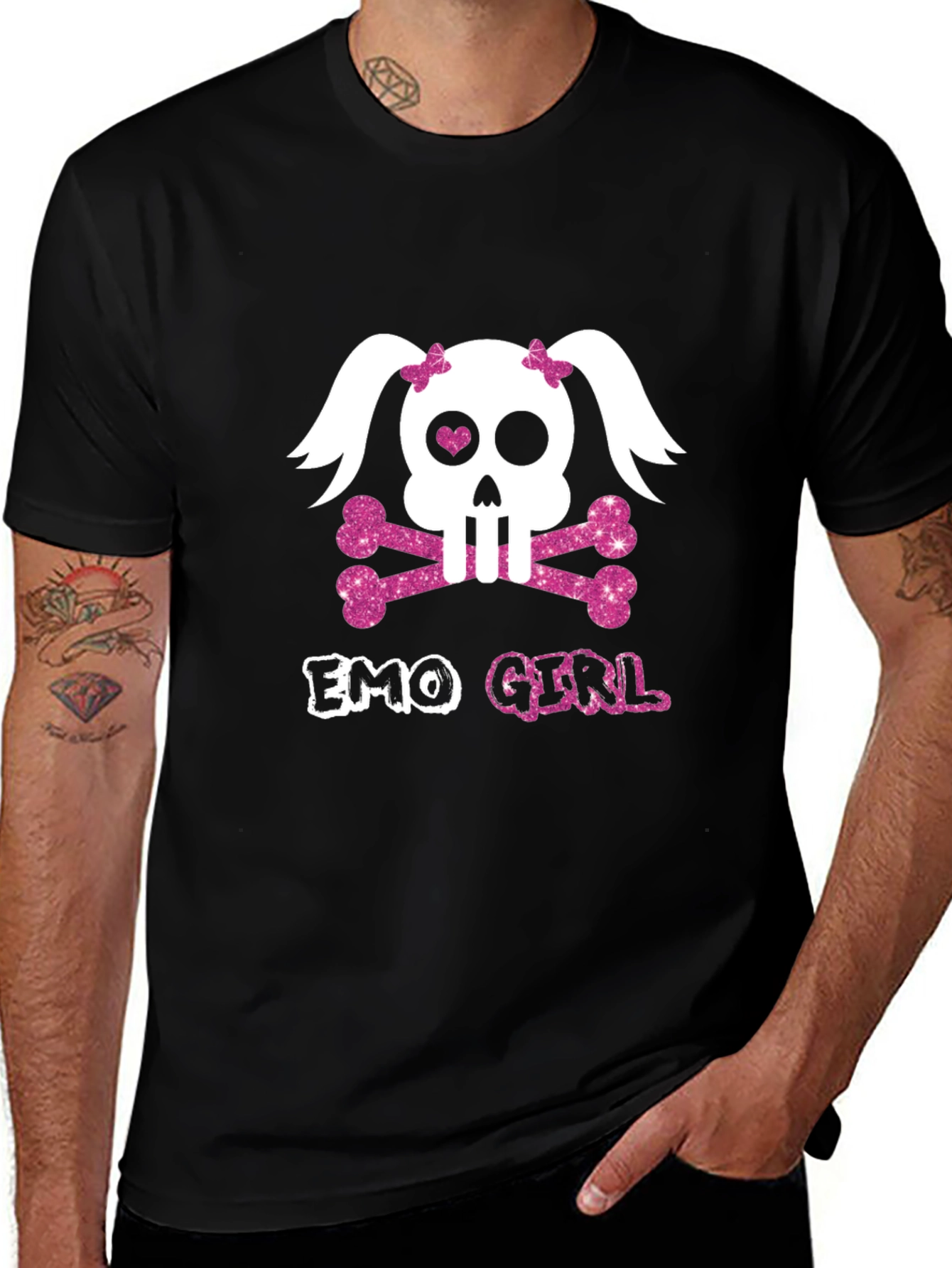 Variant 25 of Emo Girl Skull & Crossbones Tee - Black Graphic T-Shirt