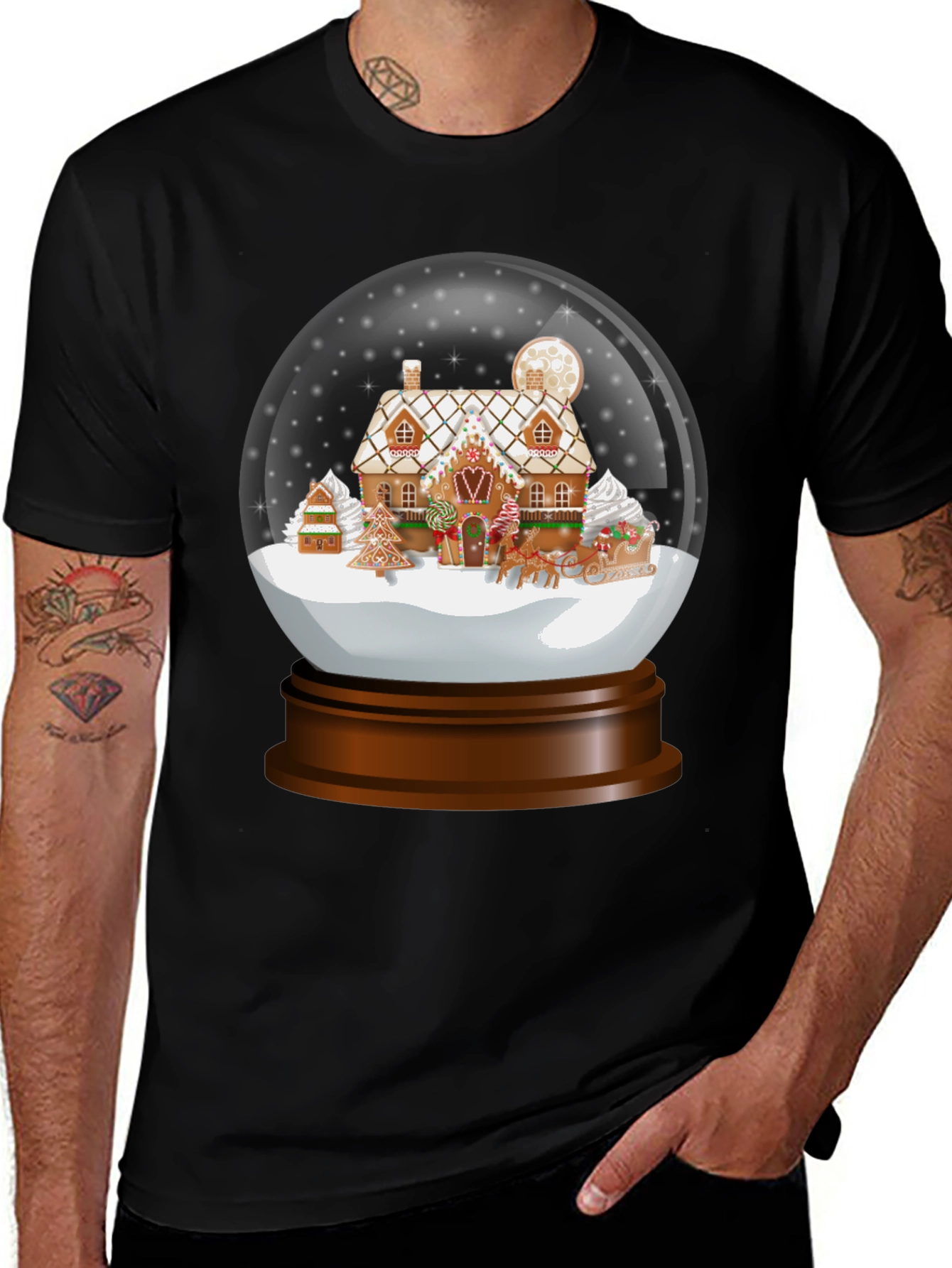 Variant 15 of Gingerbread House Snow Globe Graphic Tee
