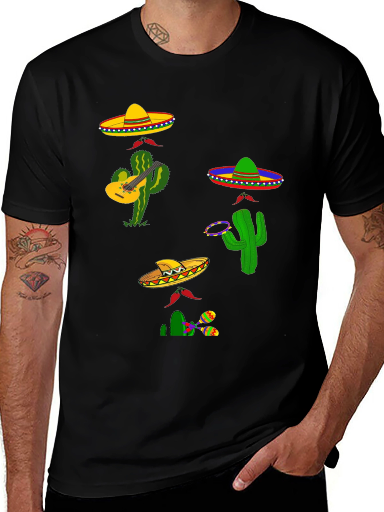 Festive Fiesta T-Shirt: Sombreros, Cacti, and Musical Fun