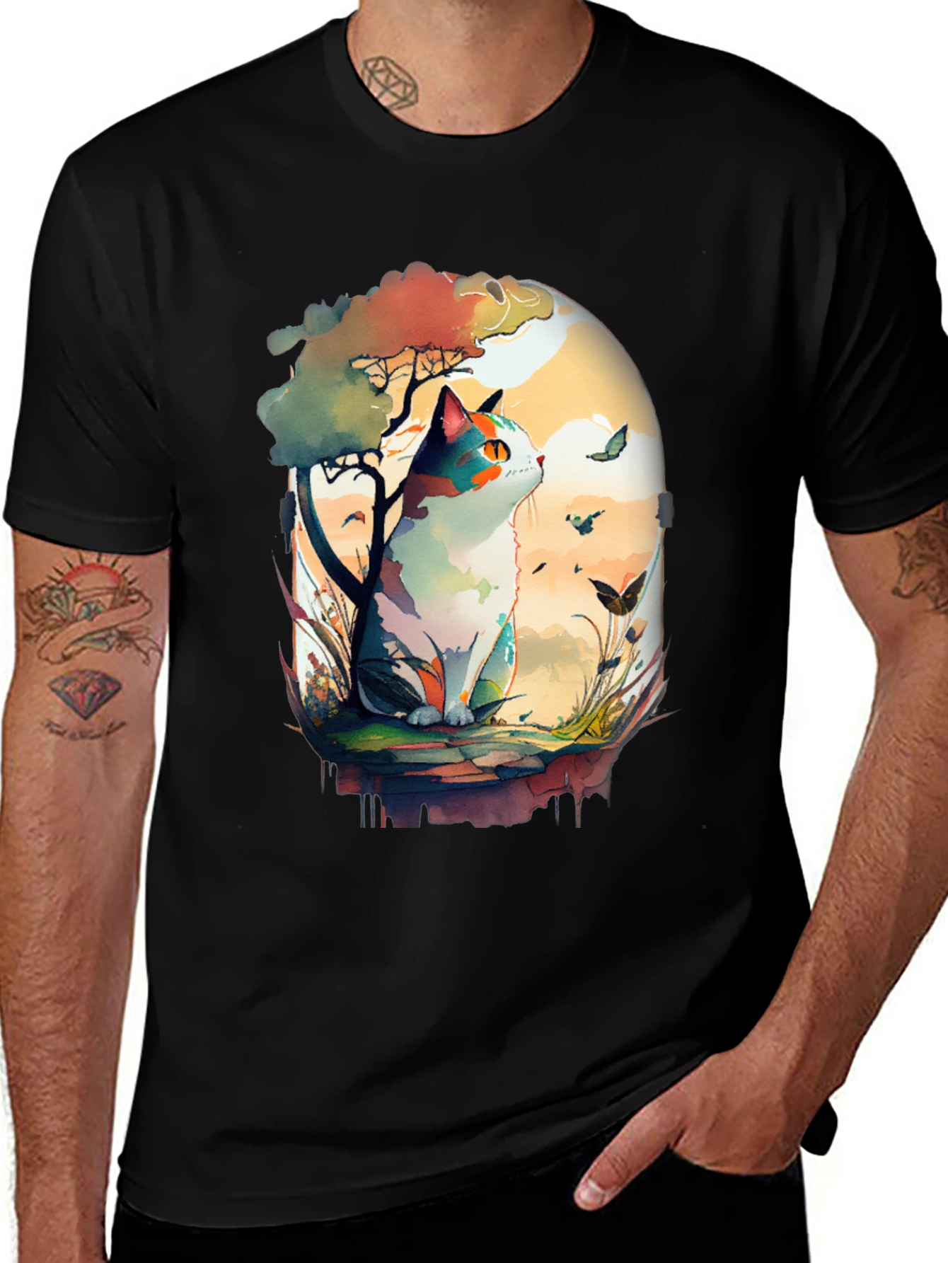 Variant 29 of Watercolor Cat Graphic Black T-Shirt