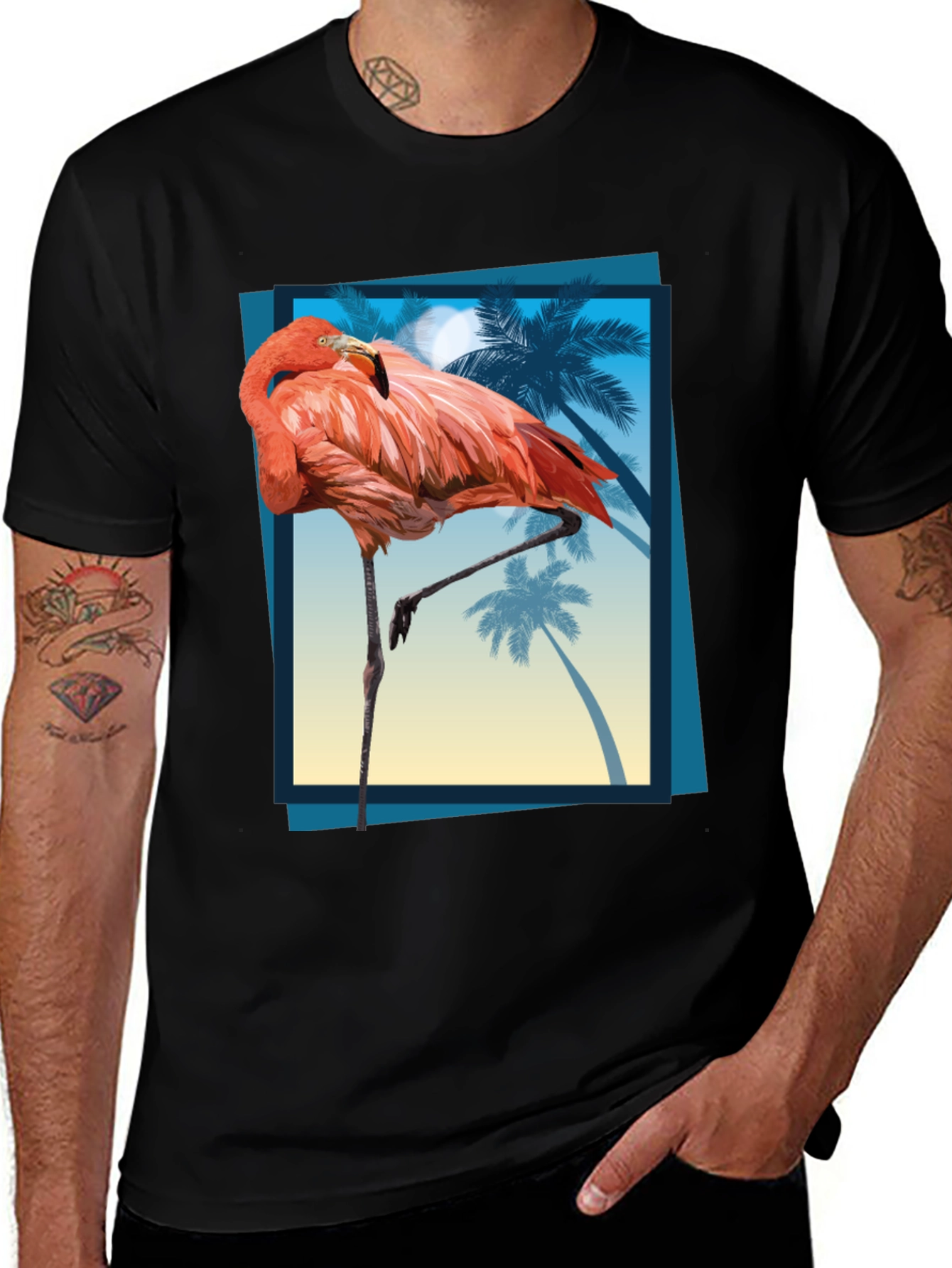 Variant 8 of Tropical Flamingo Graphic Tee - Men's Black T-Shirt