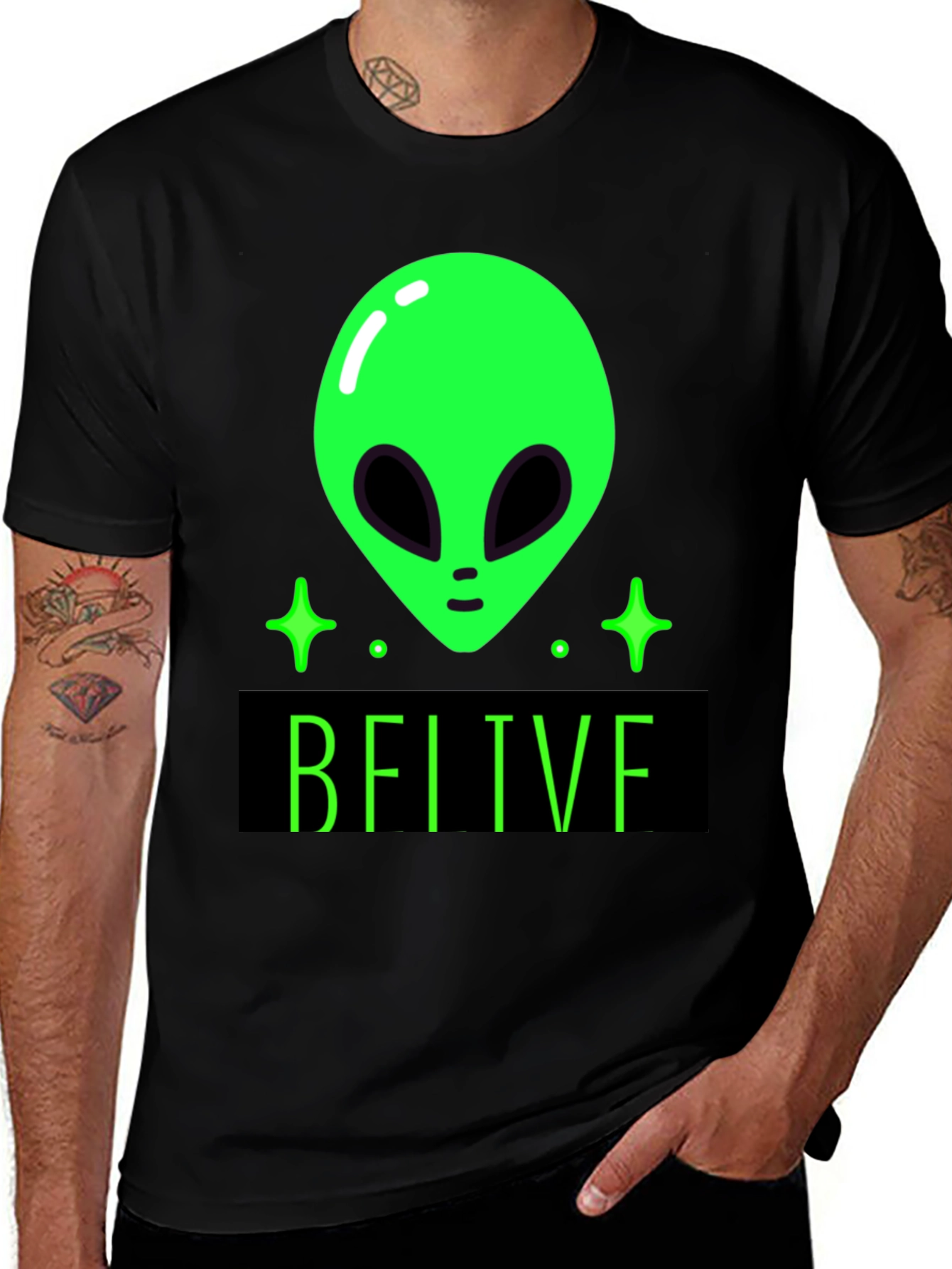 Variant 28 of Believe Alien Graphic Tee - Black Cotton T-Shirt