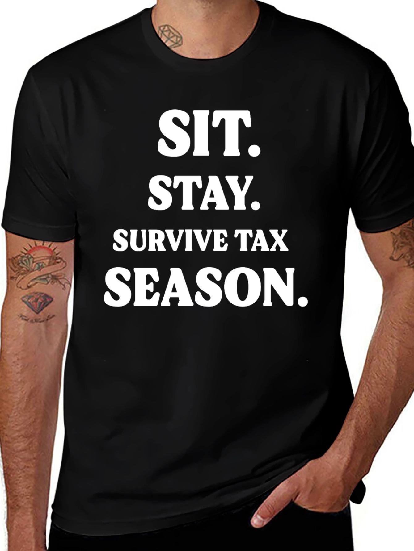 Variant 20 of Sit. Stay. Survive Tax Season. Black T-Shirt