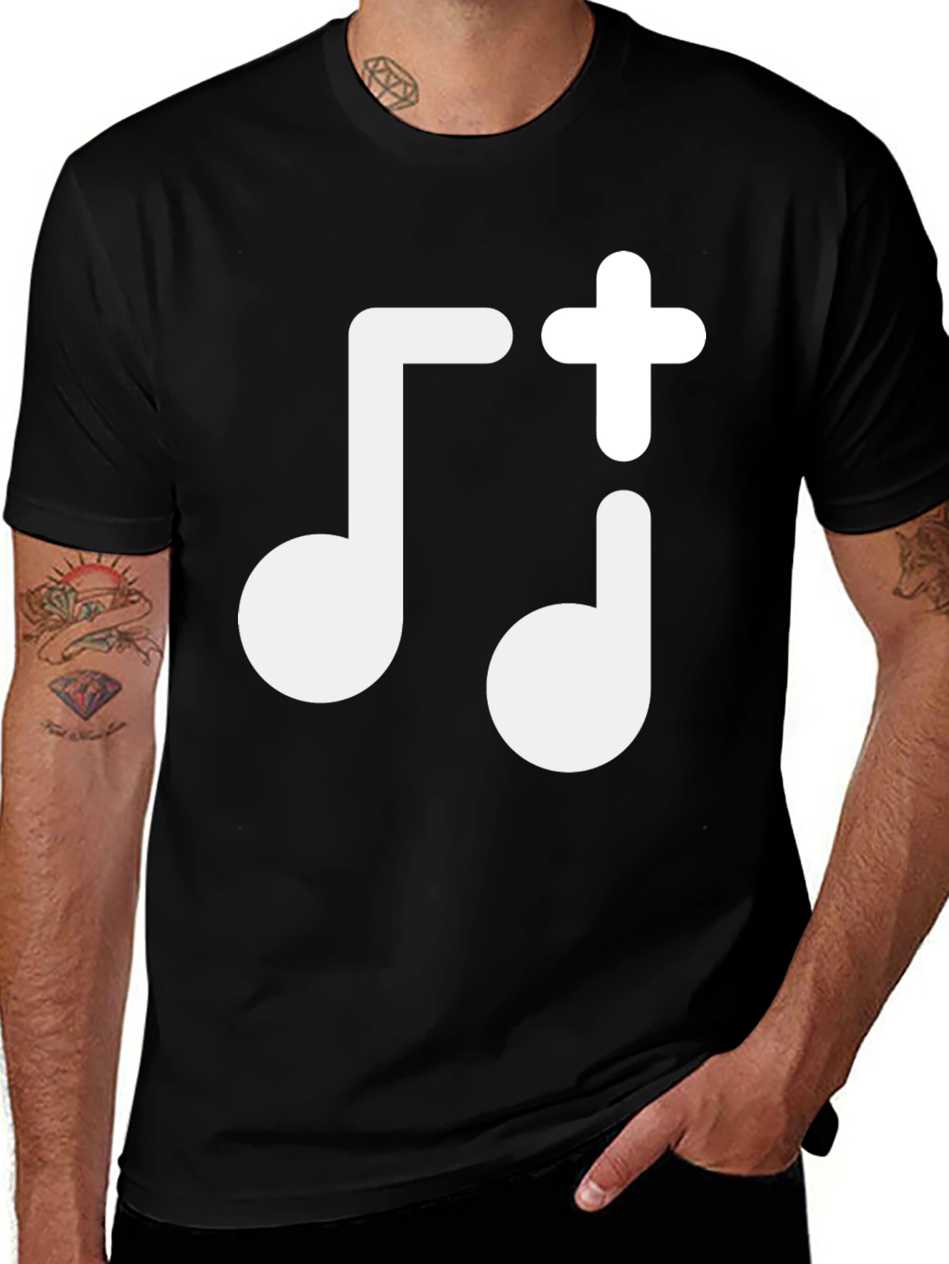 Black Music Note Plus Sign Black T-Shirt main image