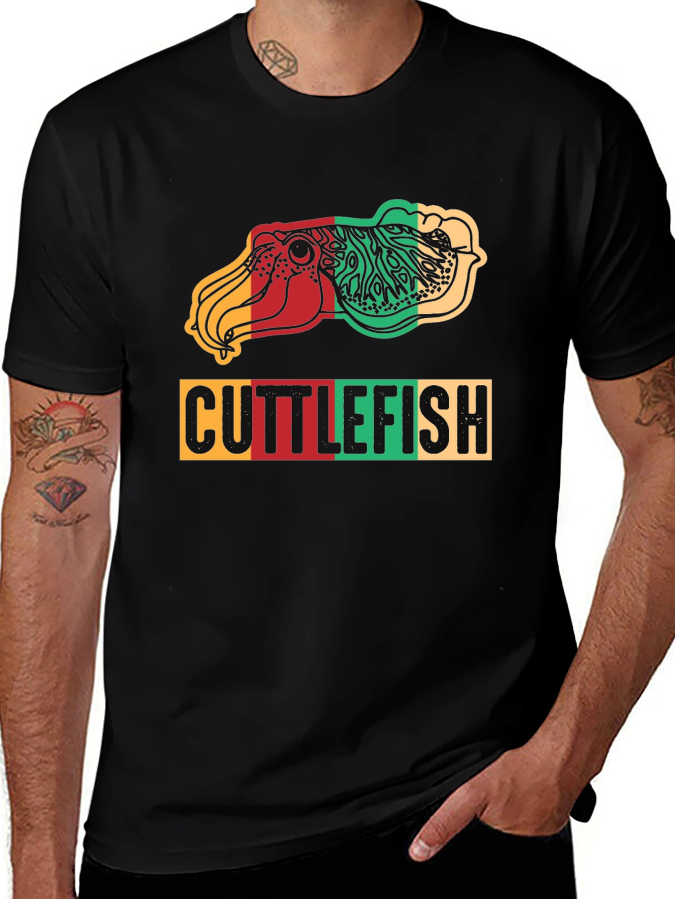Cuttlefish Graphic Print Tee - Reggae Colors Black Shirt