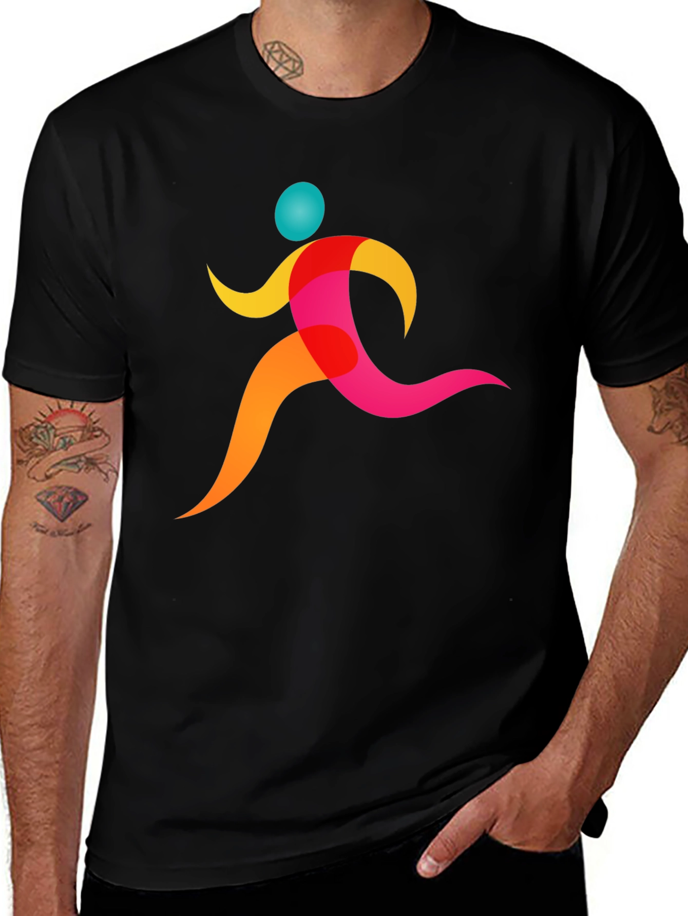 Variant 21 of Men's Black Graphic Tee - Colorful Runner Design