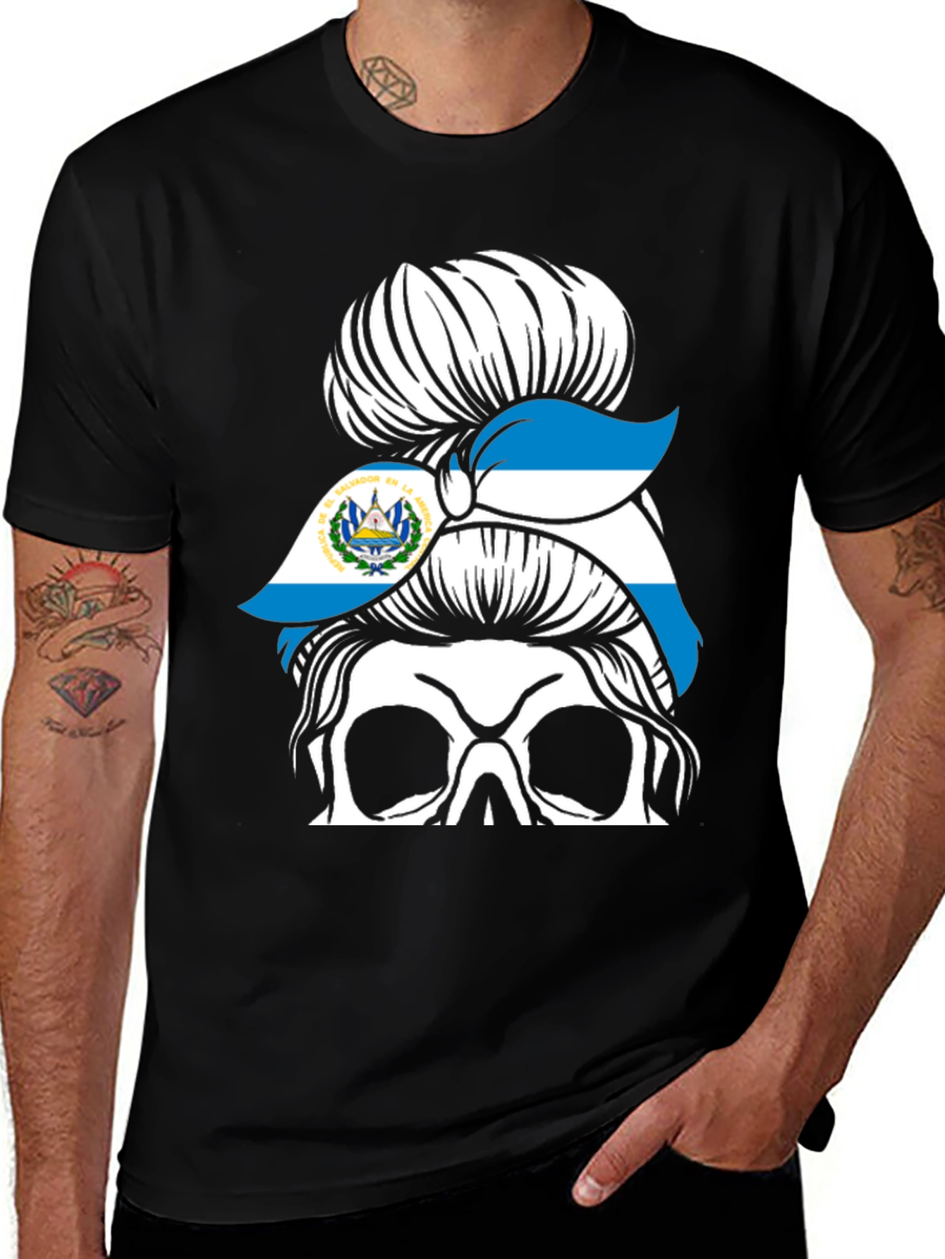 Variant 18 of El Salvador Flag Messy Bun Skull T-Shirt