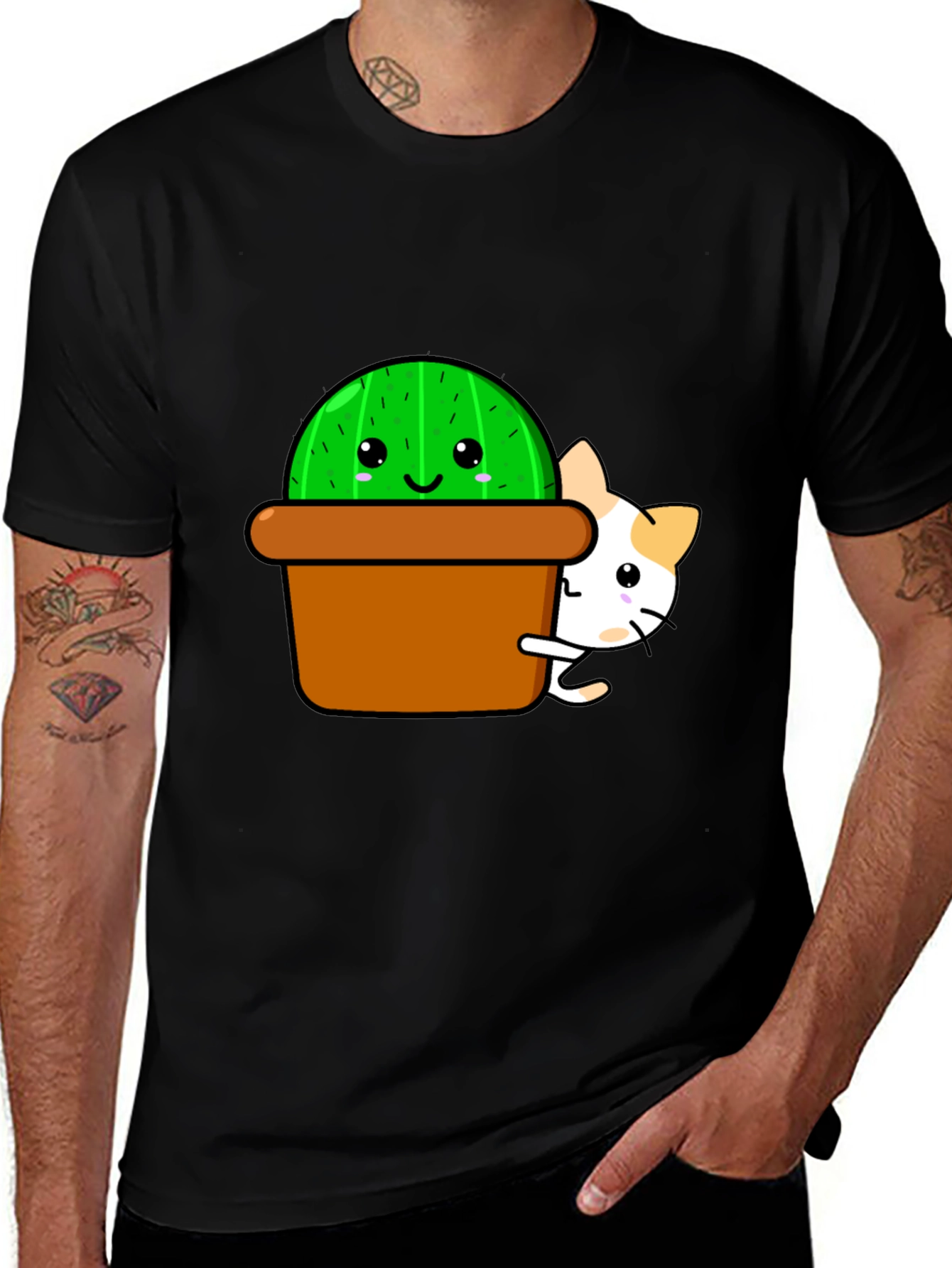 Variant 23 of Cute Cactus & Cat Graphic T-Shirt - Black