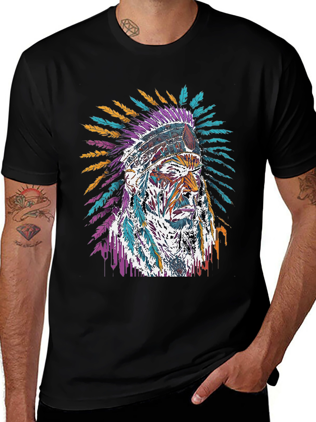 Variant 28 of Native American Chief Graphic Black T-Shirt