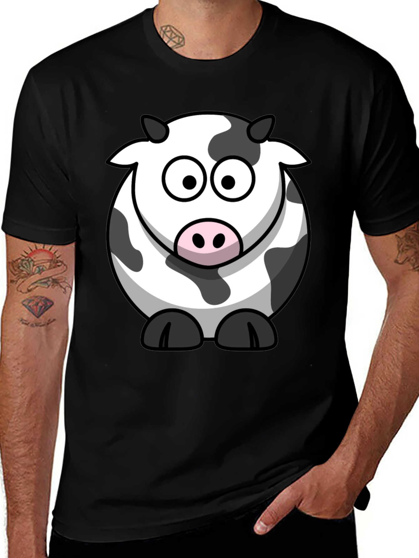 Variant 21 of Cartoon Cow Graphic Tee - Black Cotton T-Shirt