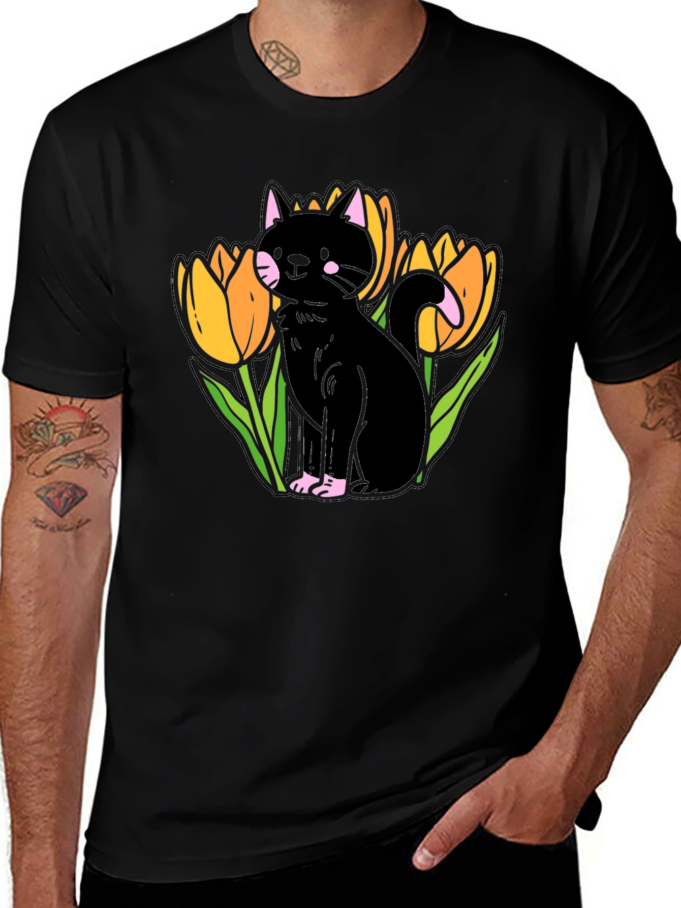 Variant 28 of Black Cat & Tulips Graphic T-Shirt - Stylish Casual Wear