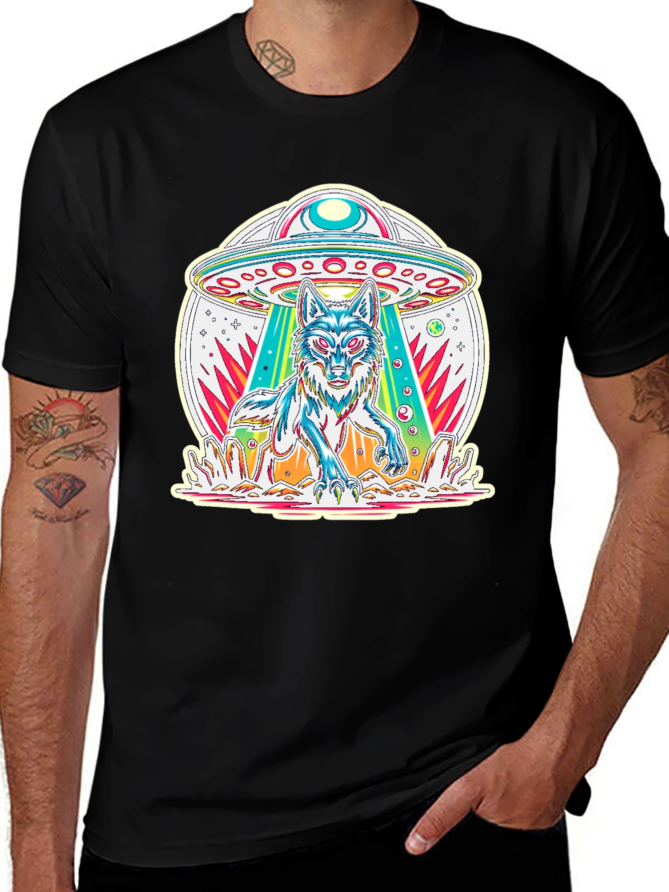 Variant 20 of UFO Wolf Graphic Tee - Trendy Alien Abduction T-Shirt