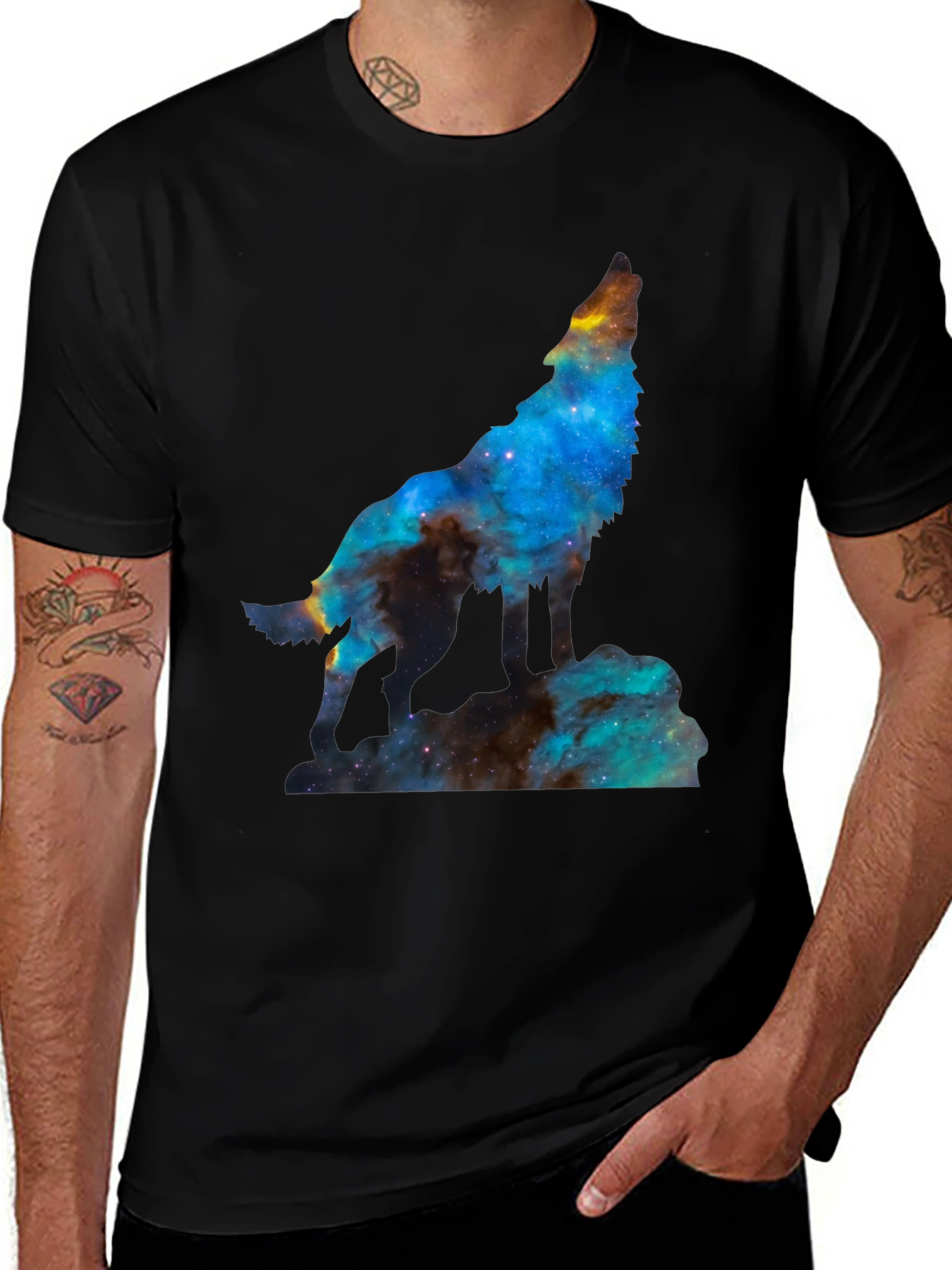 Variant 14 of Galaxy Wolf Graphic Tee - Black Cotton T-Shirt