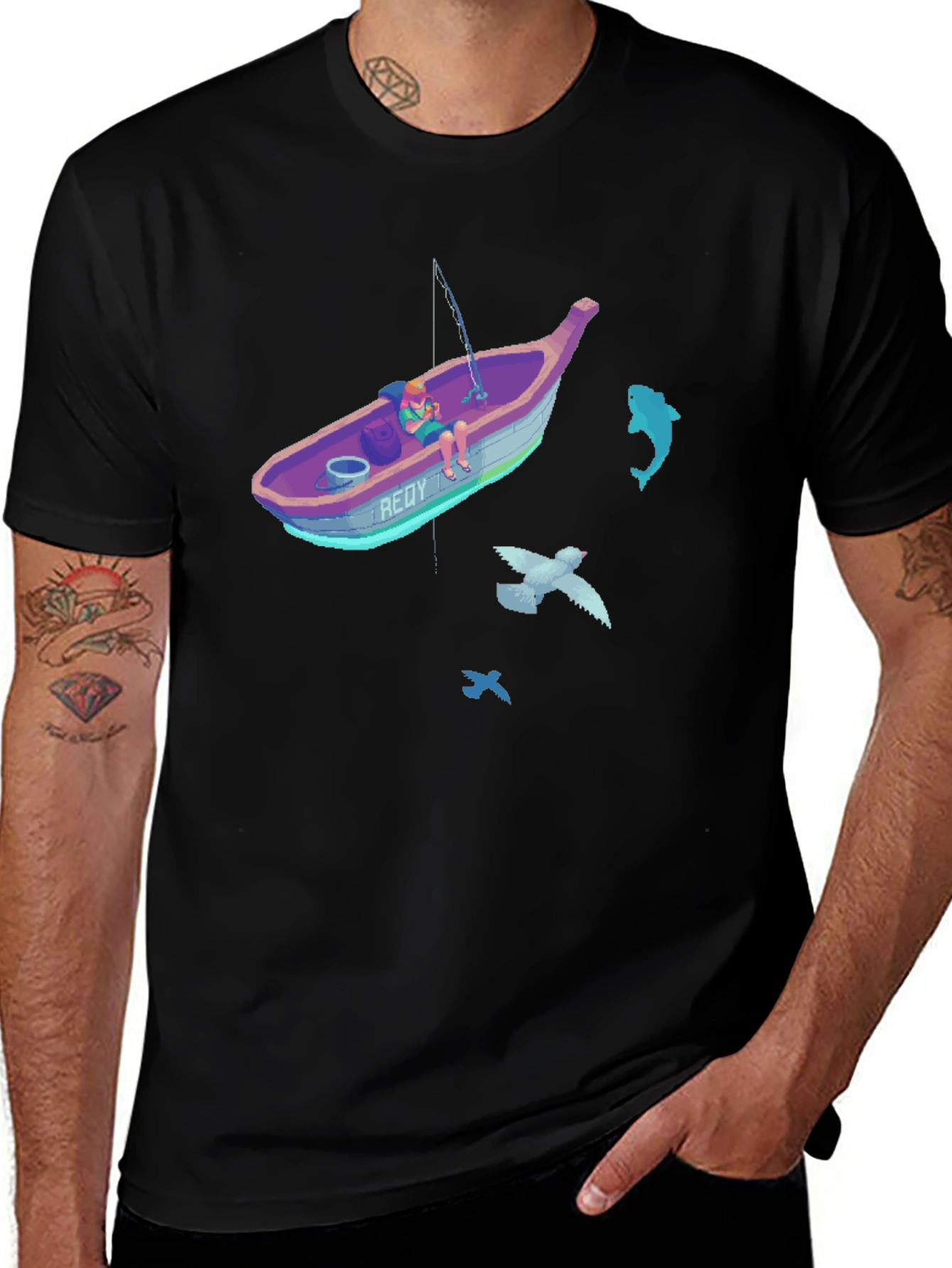 Variant 15 of Pixel Art Fishing Boat Graphic Tee - Black