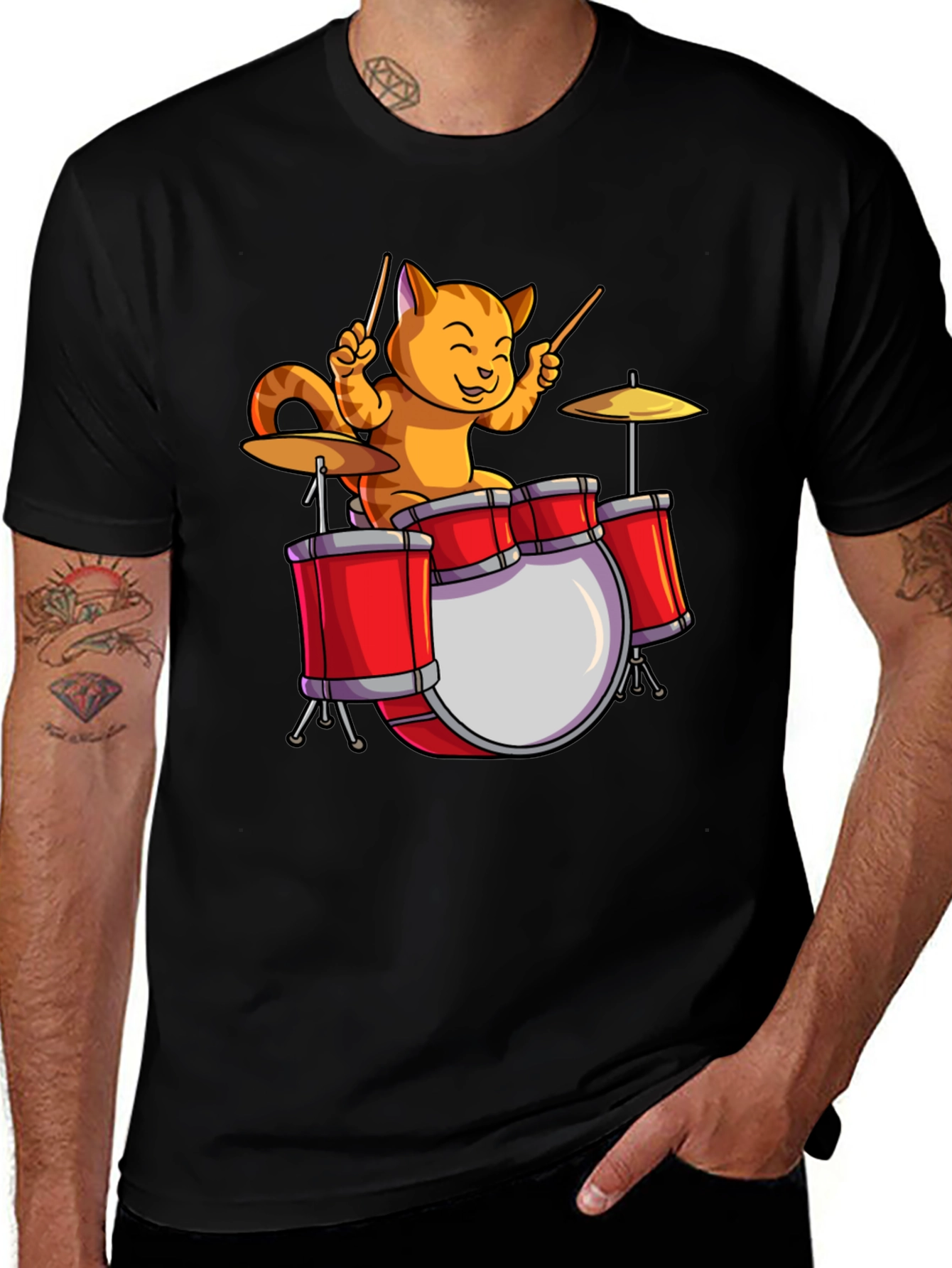 Variant 5 of Drummer Cat T-Shirt - Black Cotton Tee