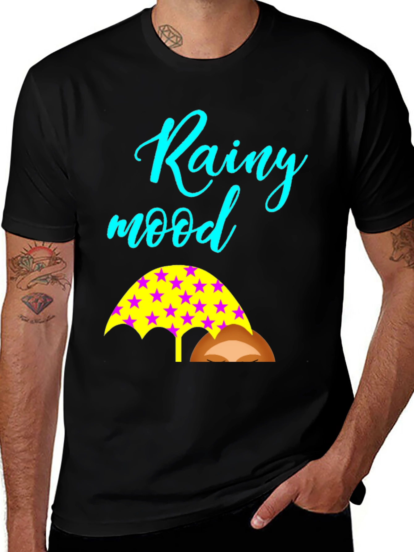 Rainy Mood Black T-Shirt with Umbrella Design