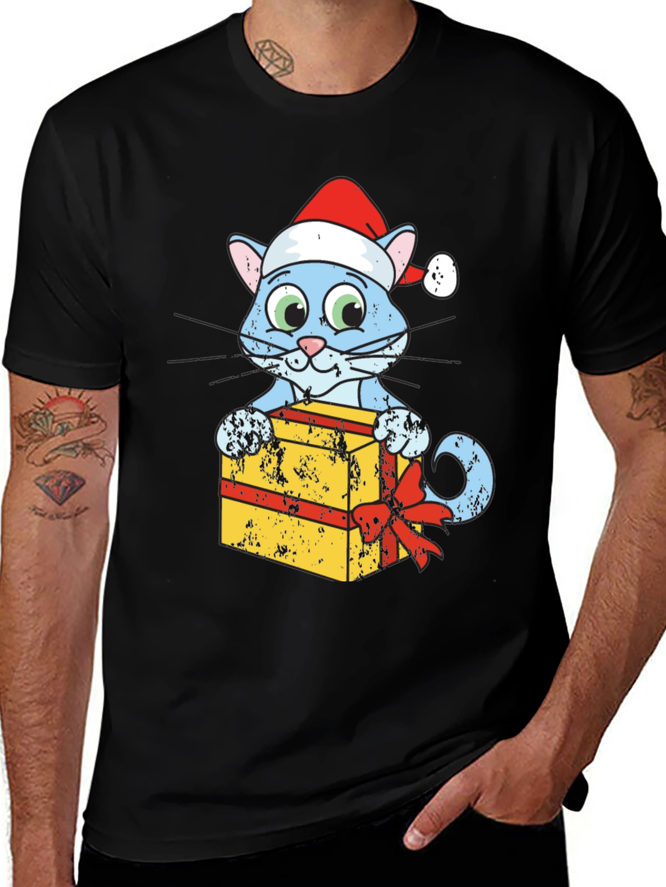 Variant 10 of Festive Cat in Santa Hat Holding Gift T-Shirt