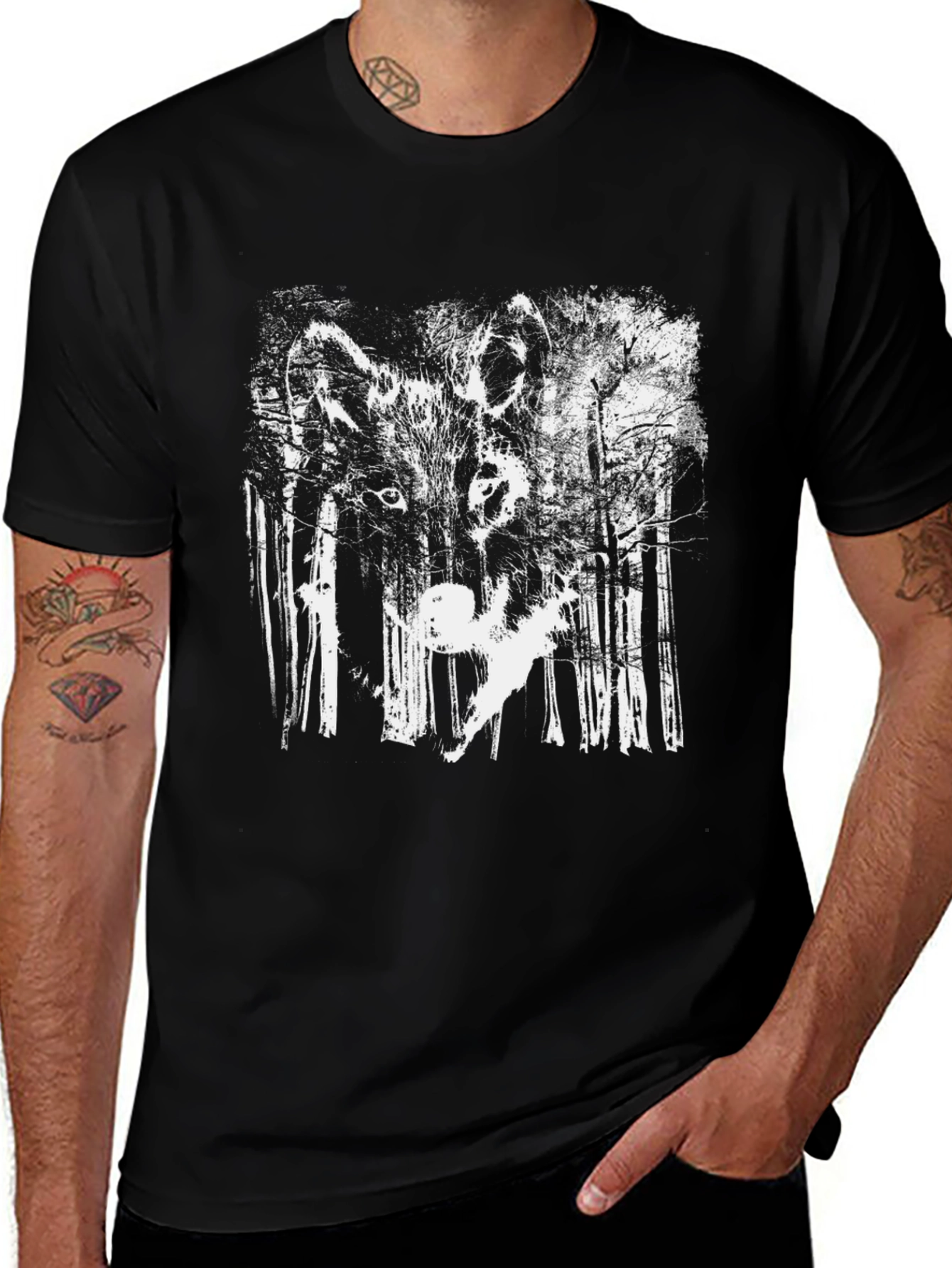 Variant 26 of Wolf Forest Print Black T-Shirt