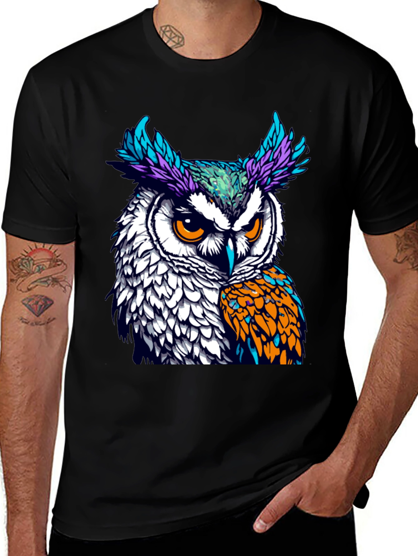 Variant 6 of Colorful Owl Graphic Print Black T-Shirt