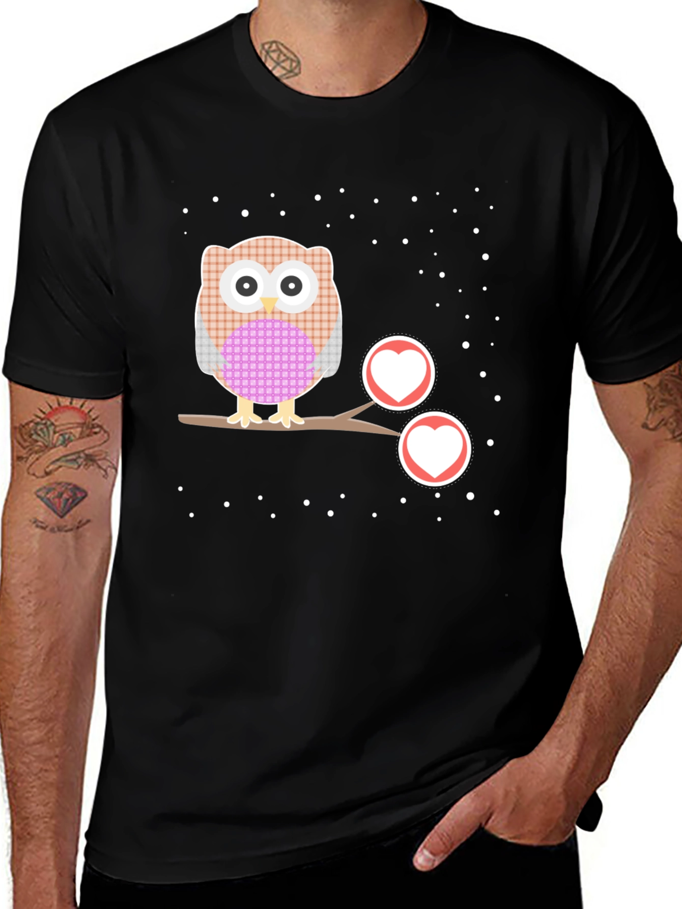 Variant 6 of Cute Owl Heart Tree Black T-Shirt