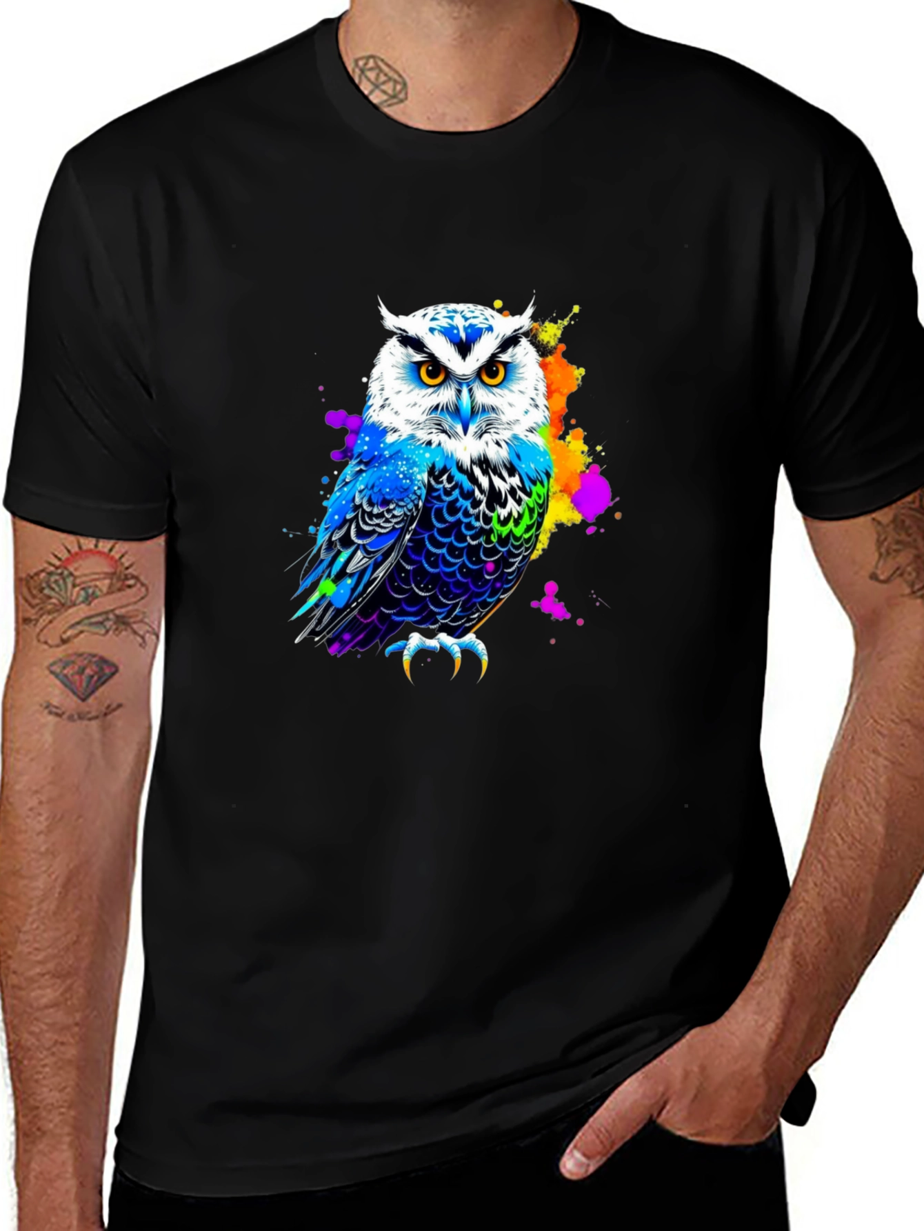 Variant 5 of Vibrant Owl Graphic Tee - Men's Black T-Shirt