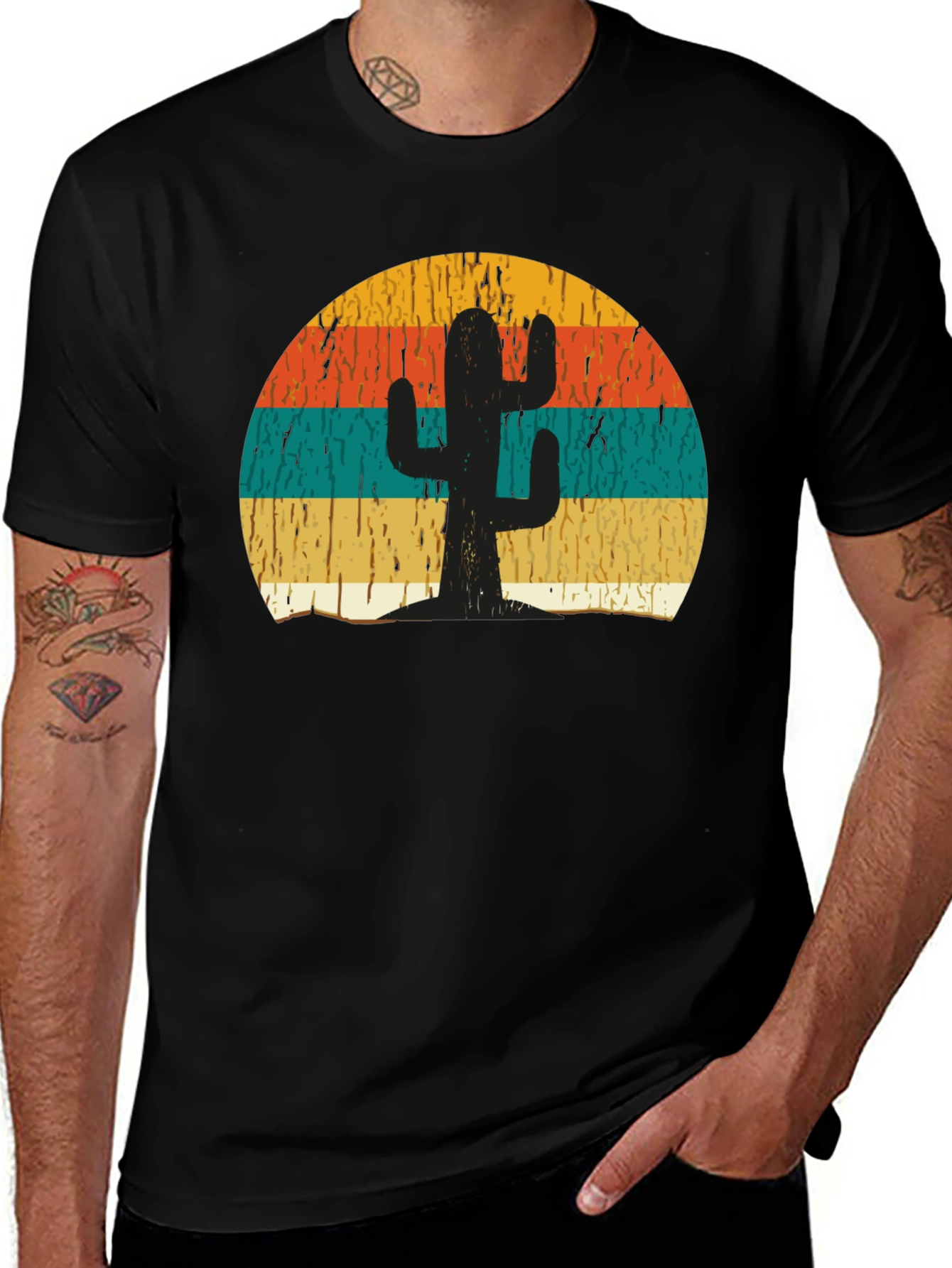 Black Retro Cactus Sunset Graphic T-Shirt main image