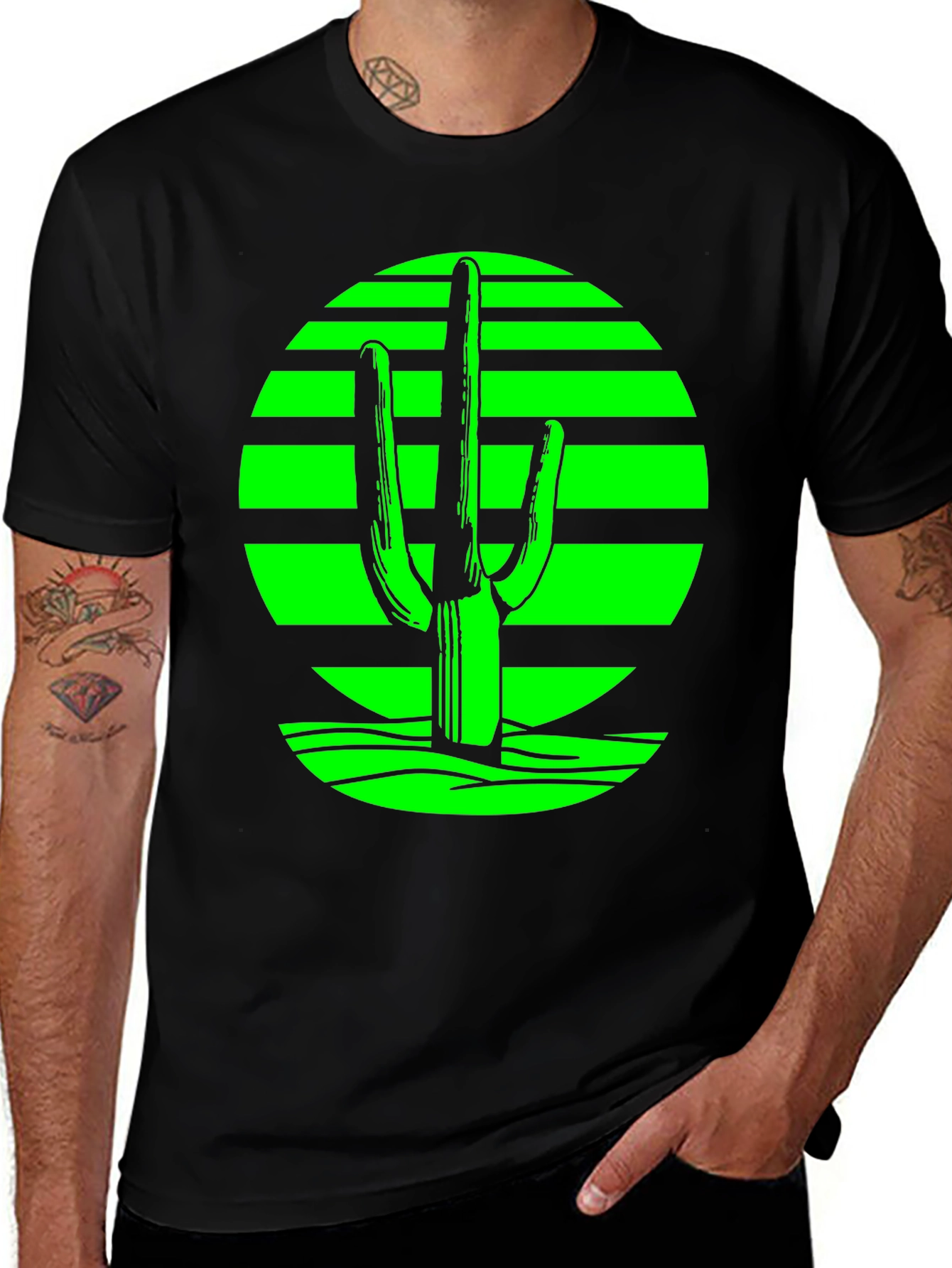 Variant 29 of Retro Desert Cactus T-Shirt - Green on Black