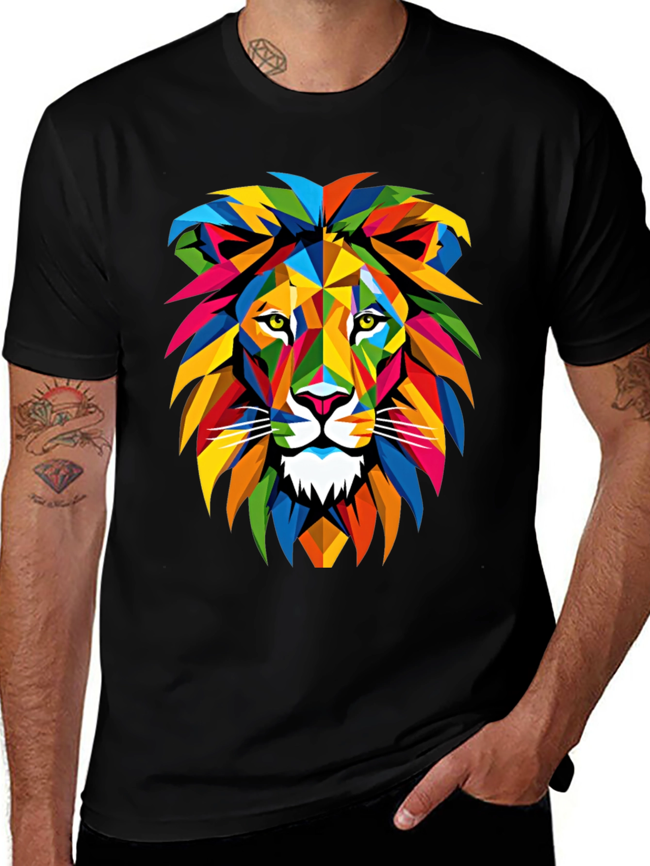 Variant 8 of Geometric Lion Graphic Tee - Men's Black T-Shirt
