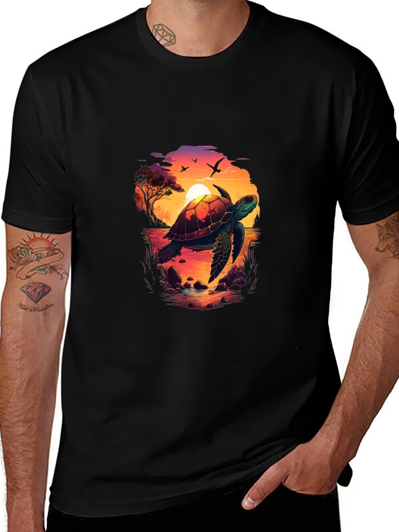 Variant 6 of Turtle Sunset Graphic Tee - Black