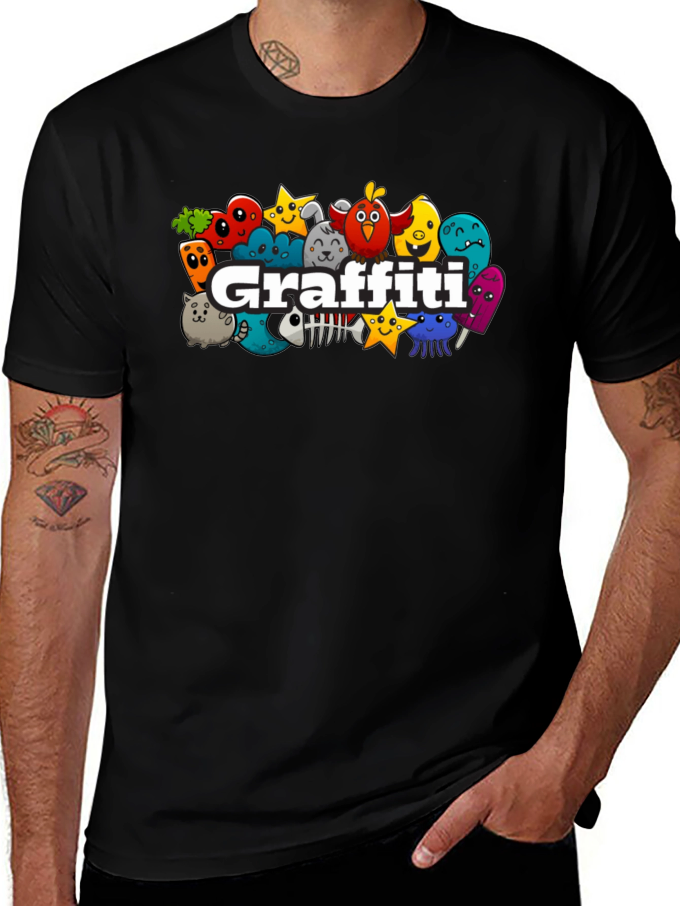 Variant 13 of Graffiti Cartoon Graphic Black T-Shirt