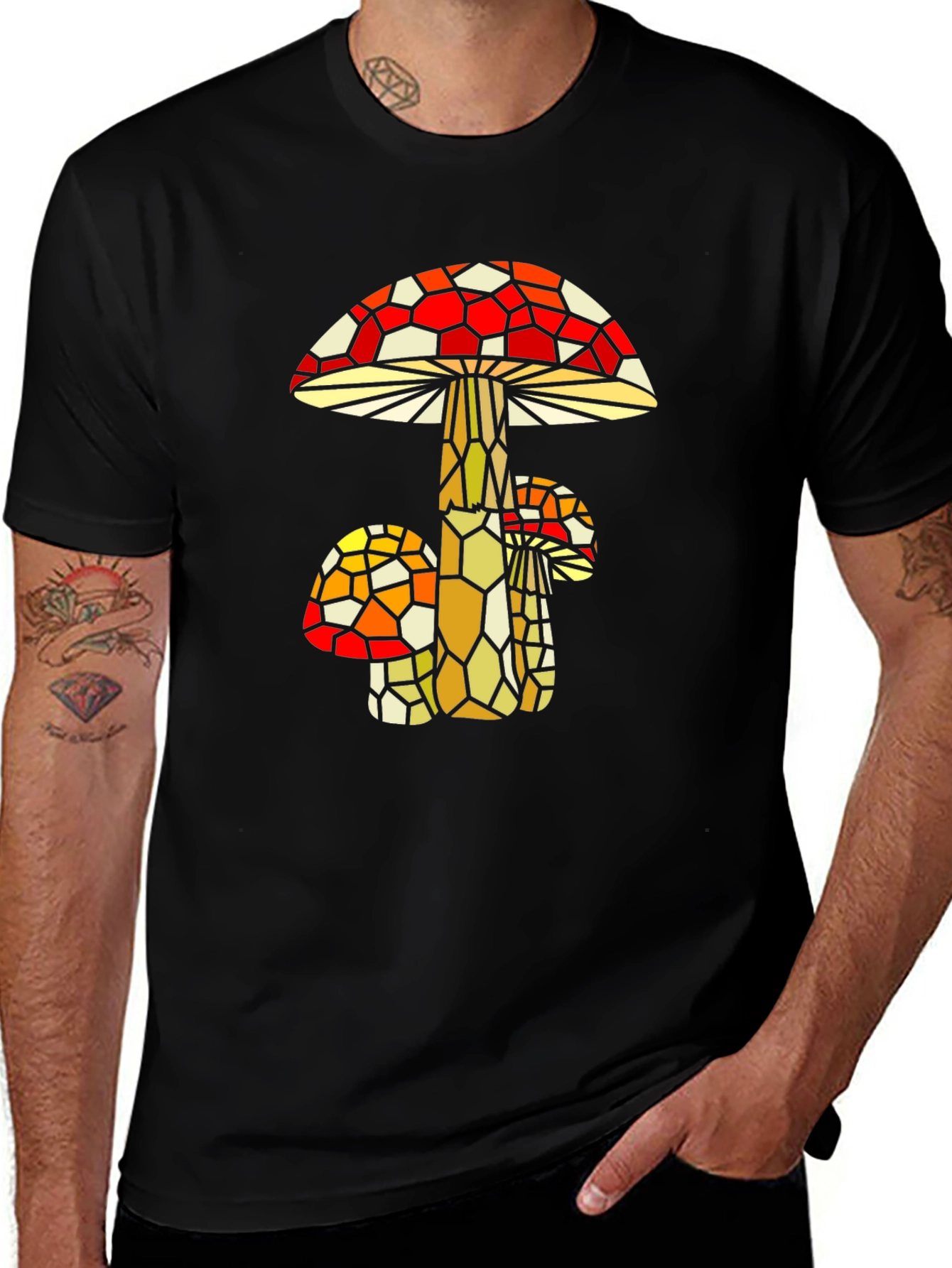 Variant 23 of Mosaic Mushroom Graphic T-Shirt - Stylish Black Tee